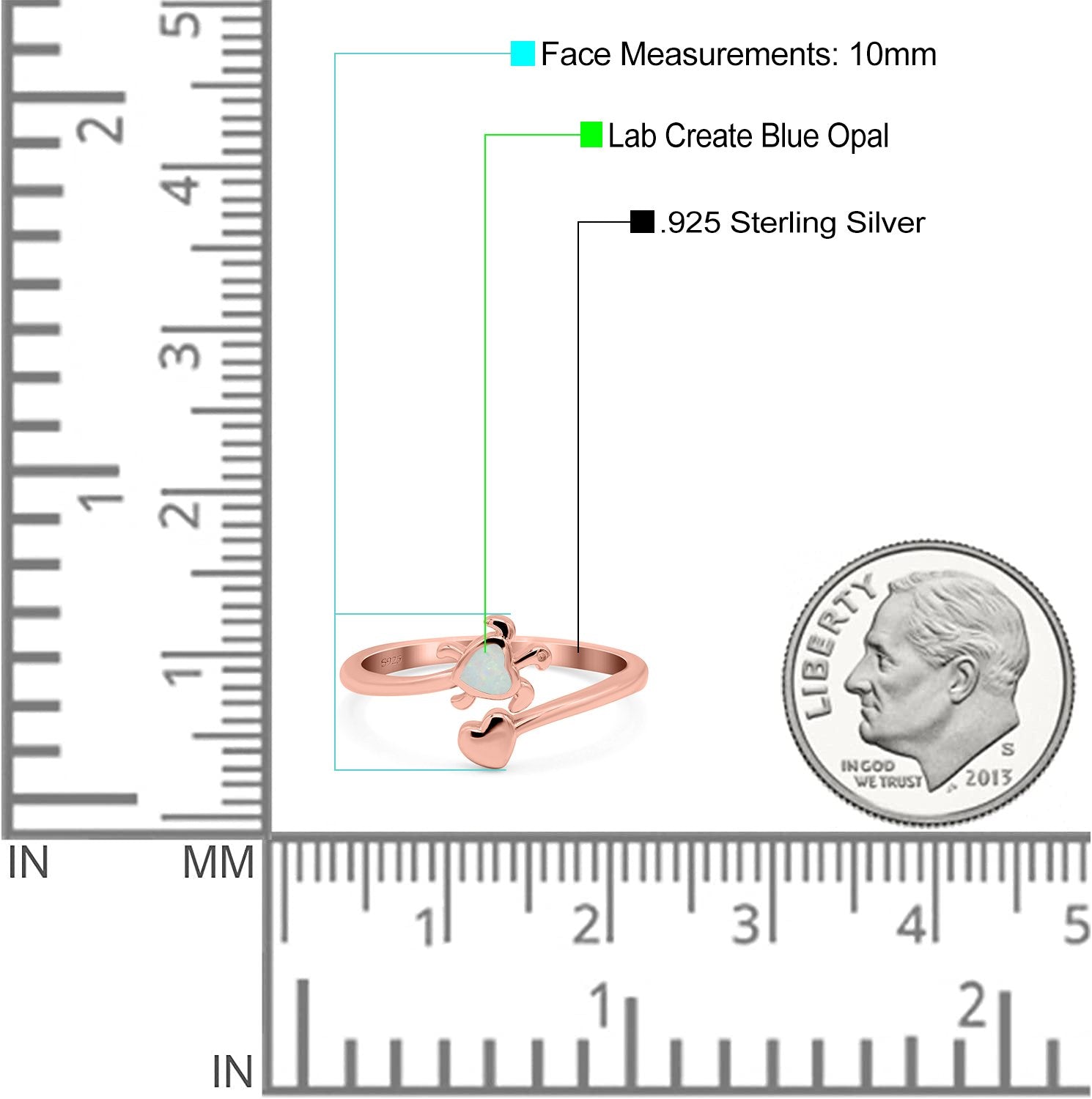 Turtle & Heart Ring Band Lab Created Opal 925 Sterling Silver (10mm)