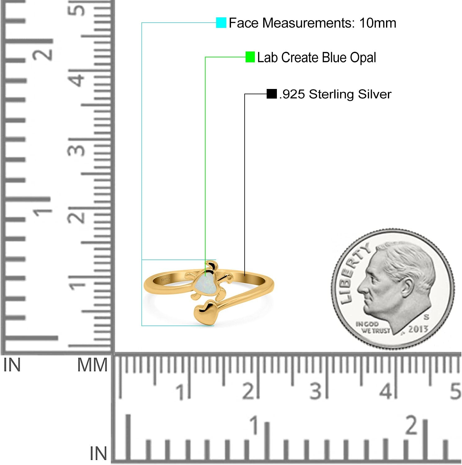 Turtle & Heart Ring Band Lab Created Opal 925 Sterling Silver (10mm)