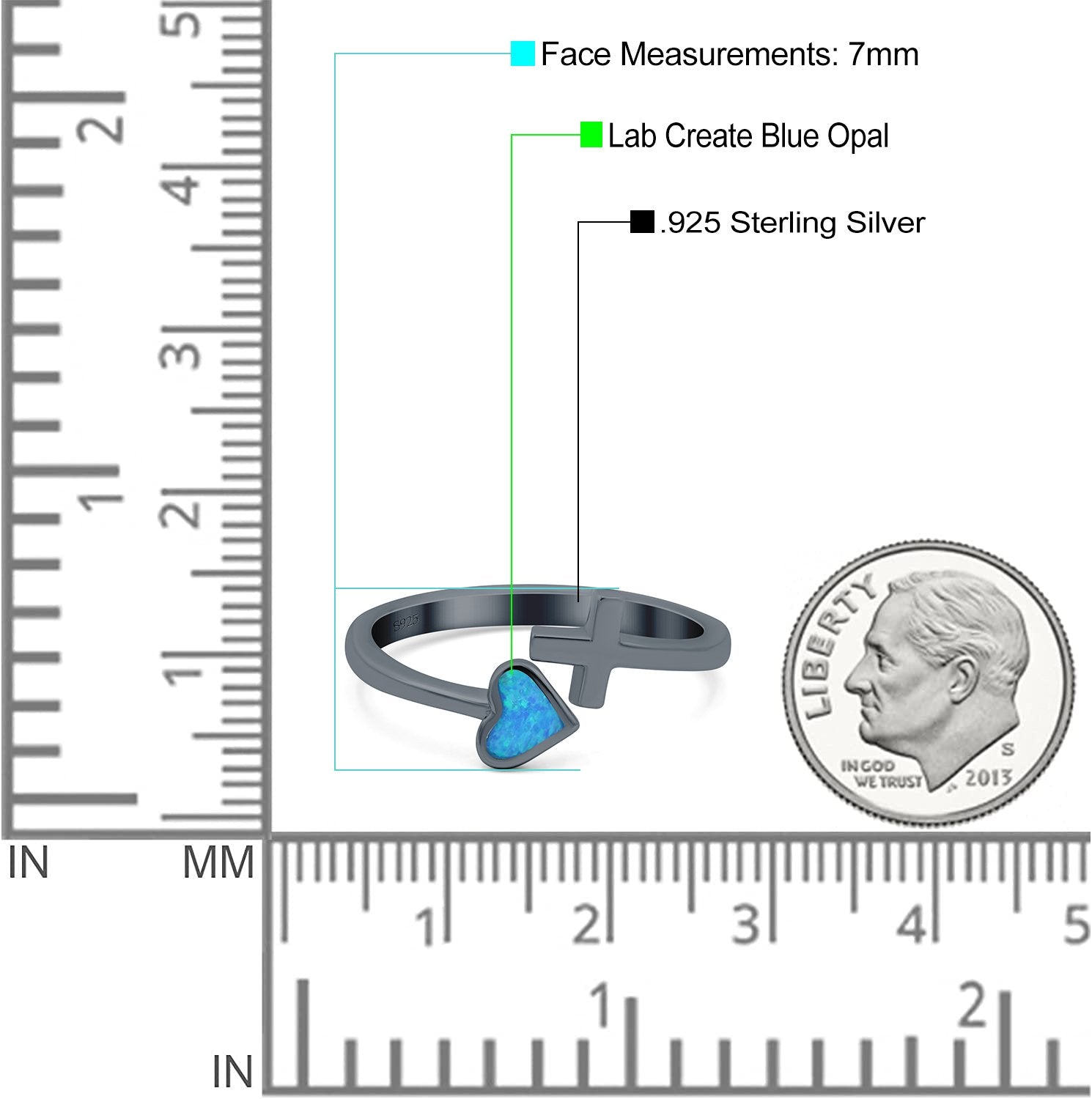 Heart & Cross Ring Band Lab Created Opal 925 Sterling Silver (7mm)