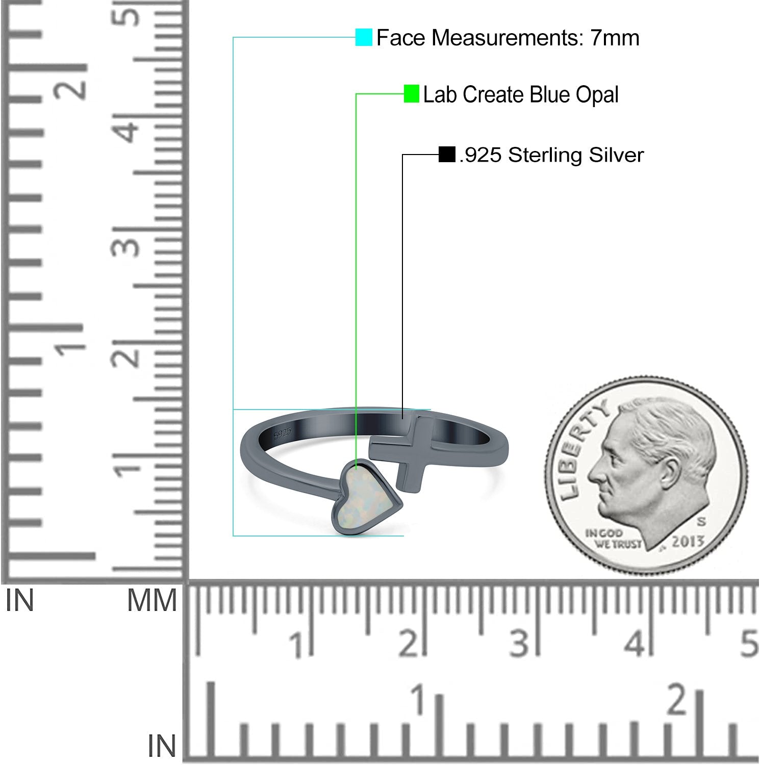 Heart & Cross Ring Band Lab Created Opal 925 Sterling Silver (7mm)