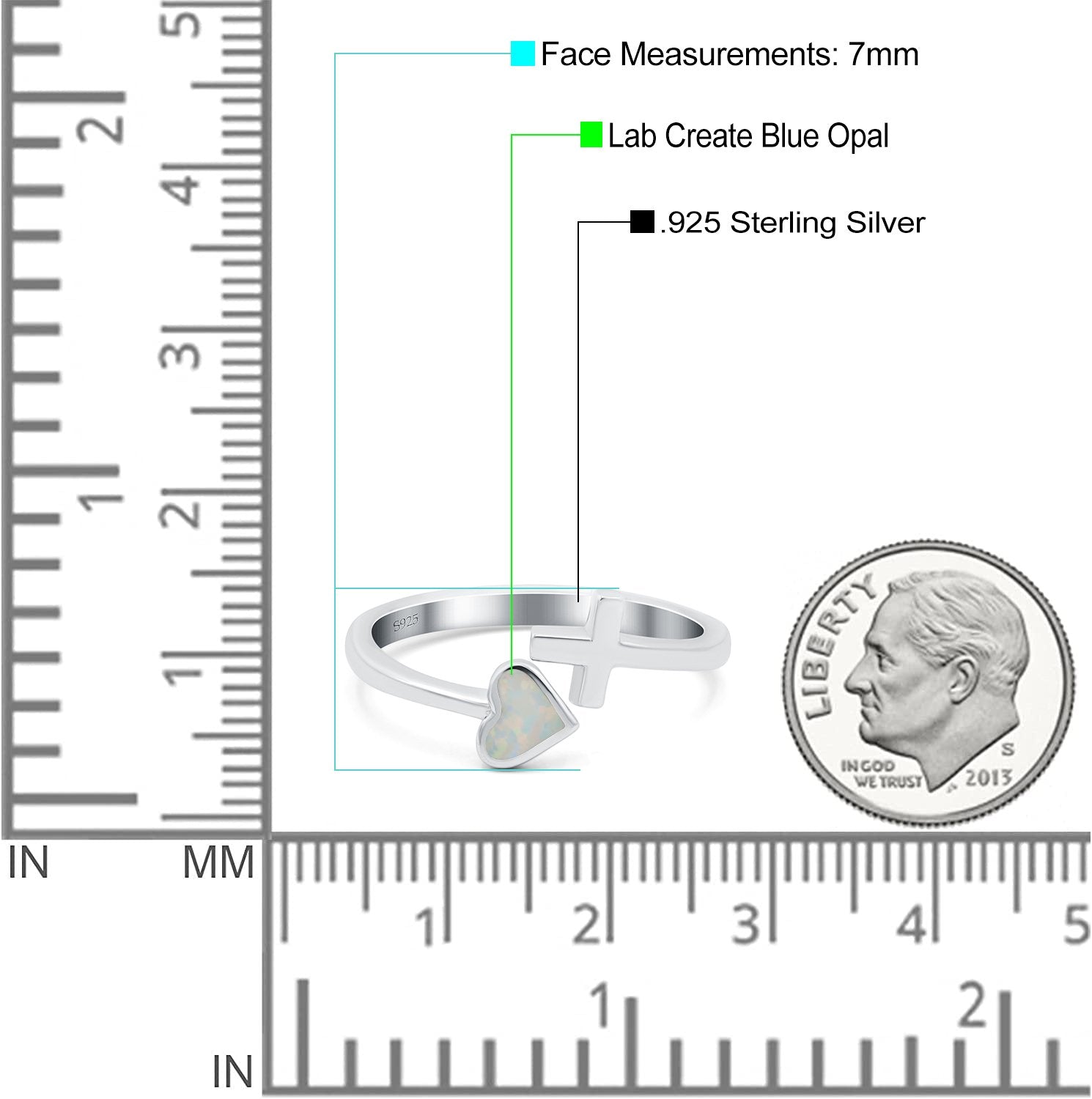 Heart & Cross Ring Band Lab Created Opal 925 Sterling Silver (7mm)