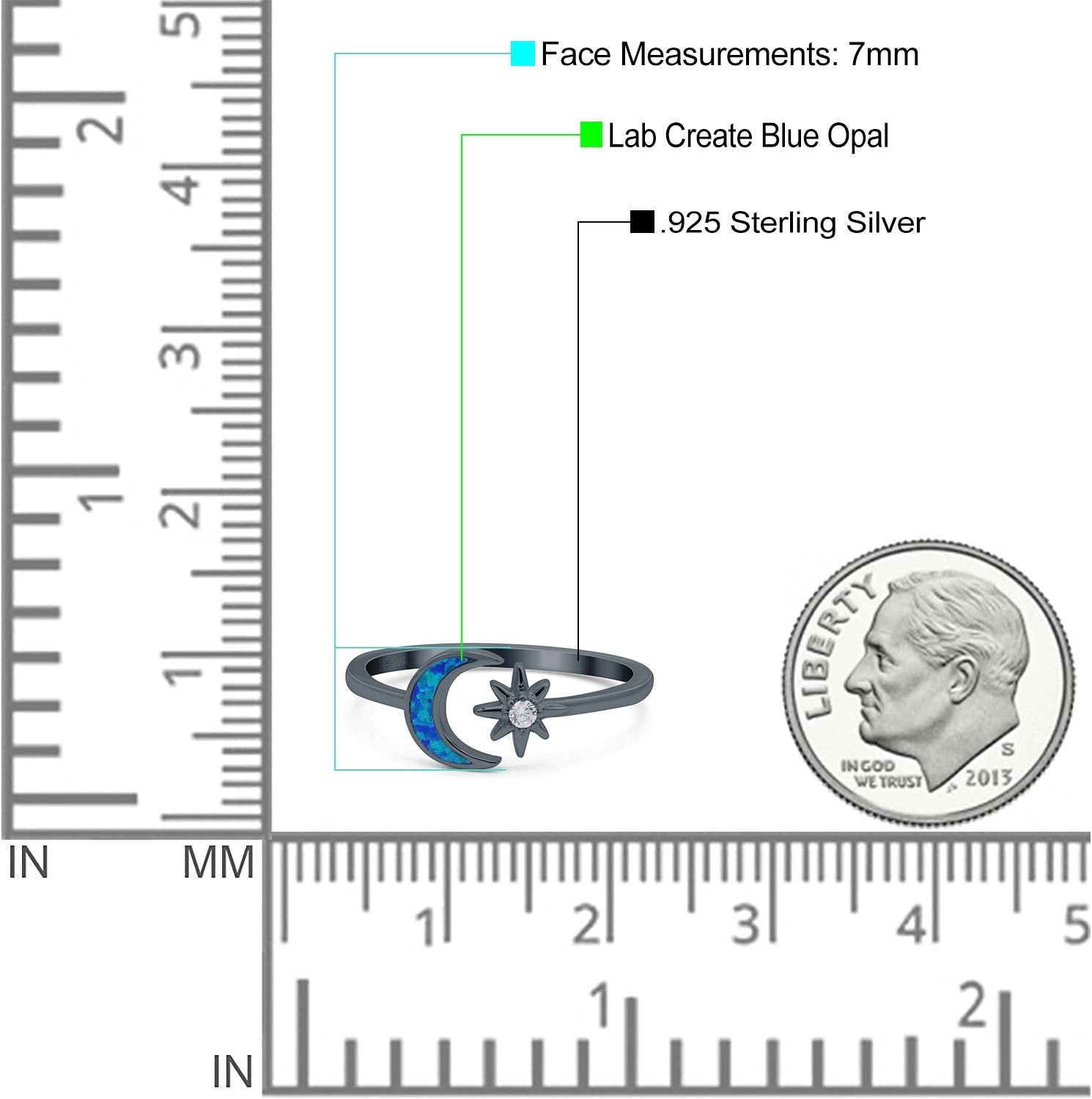 Moon & Star Ring Lab Created Opal Simulated Cubic Zirconia 925 Sterling Silver