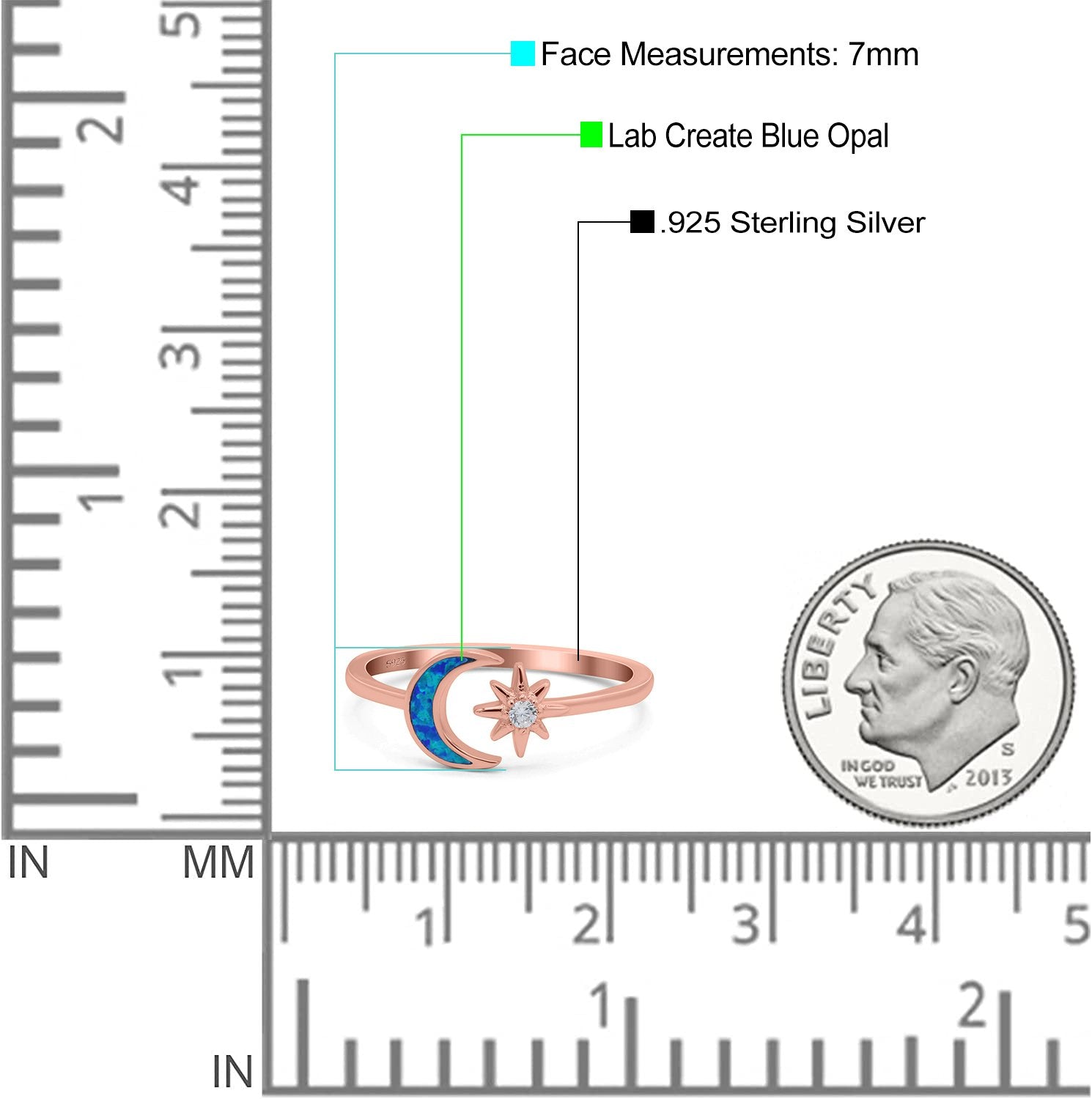 Moon & Star Ring Lab Created Opal Simulated Cubic Zirconia 925 Sterling Silver