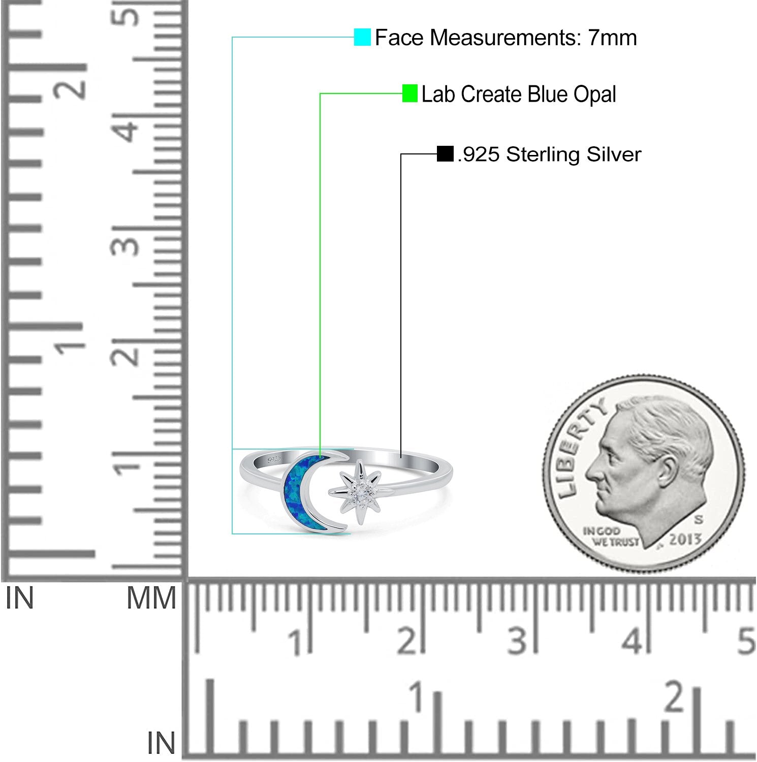 Moon & Star Ring Lab Created Opal Simulated Cubic Zirconia 925 Sterling Silver