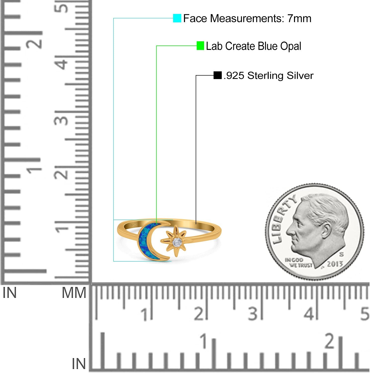 Moon & Star Ring Lab Created Opal Simulated Cubic Zirconia 925 Sterling Silver