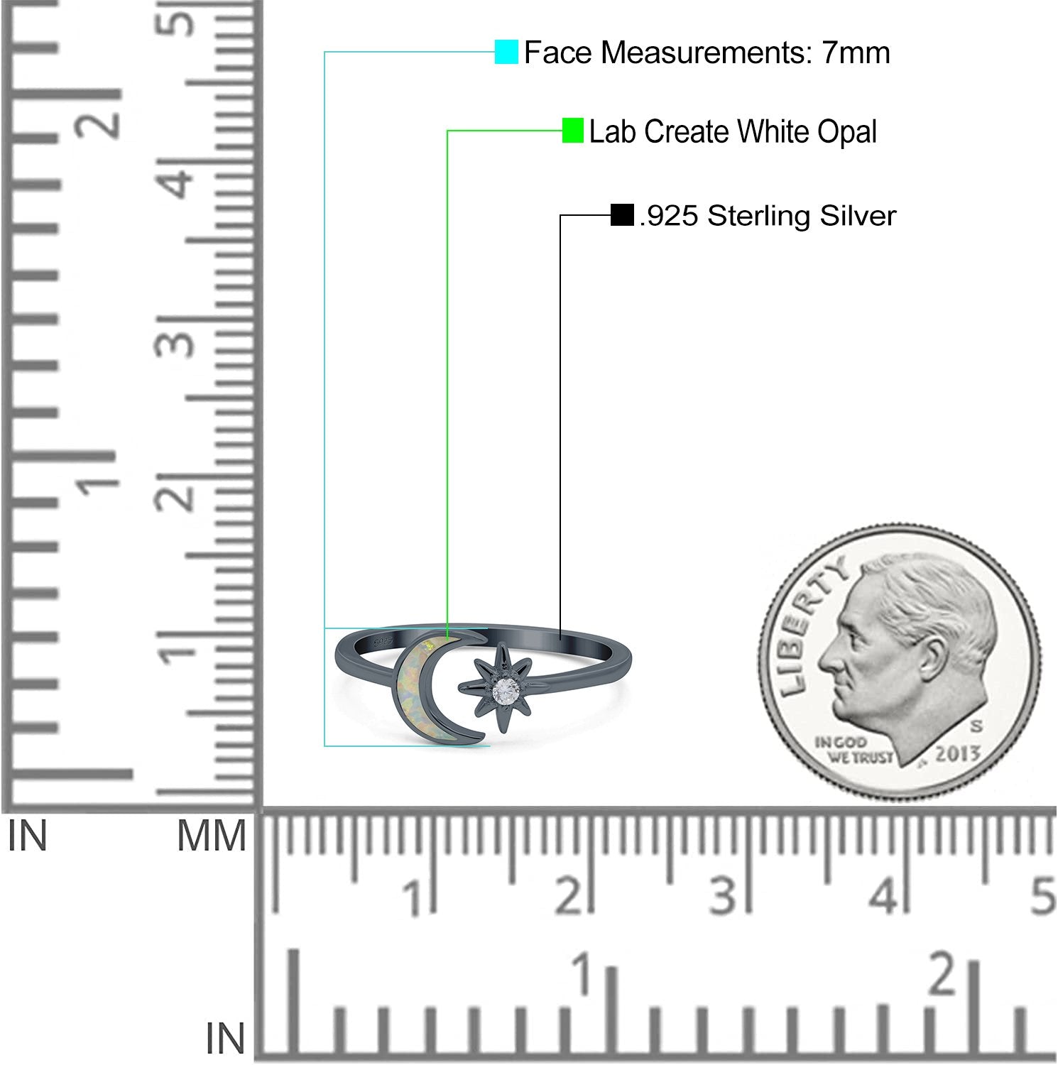 Moon & Star Ring Lab Created Opal Simulated Cubic Zirconia 925 Sterling Silver