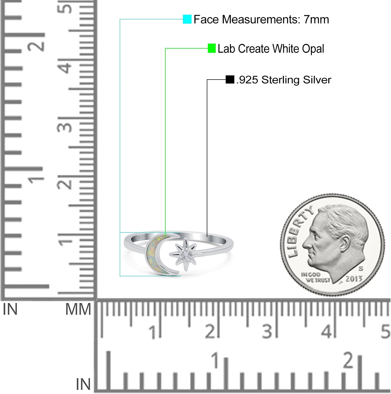 Moon & Star Ring Lab Created Opal Simulated Cubic Zirconia 925 Sterling Silver