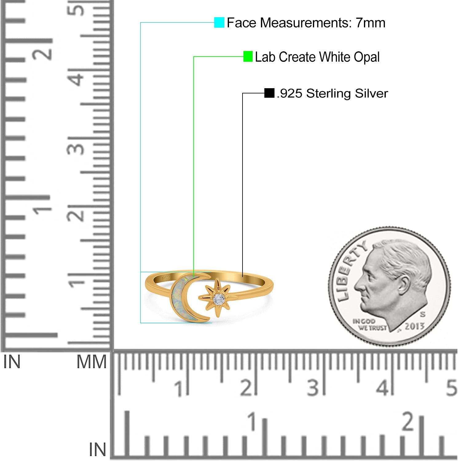 Moon & Star Ring Lab Created Opal Simulated Cubic Zirconia 925 Sterling Silver
