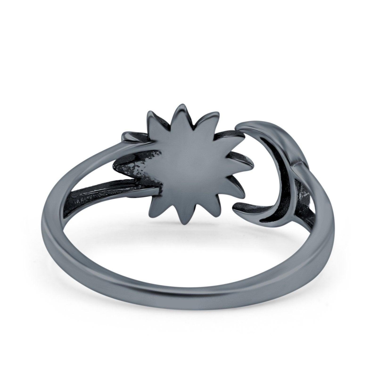 Sun & Moon Ring Lab Created Blue Opal Oxidized Round 925 Sterling Silver