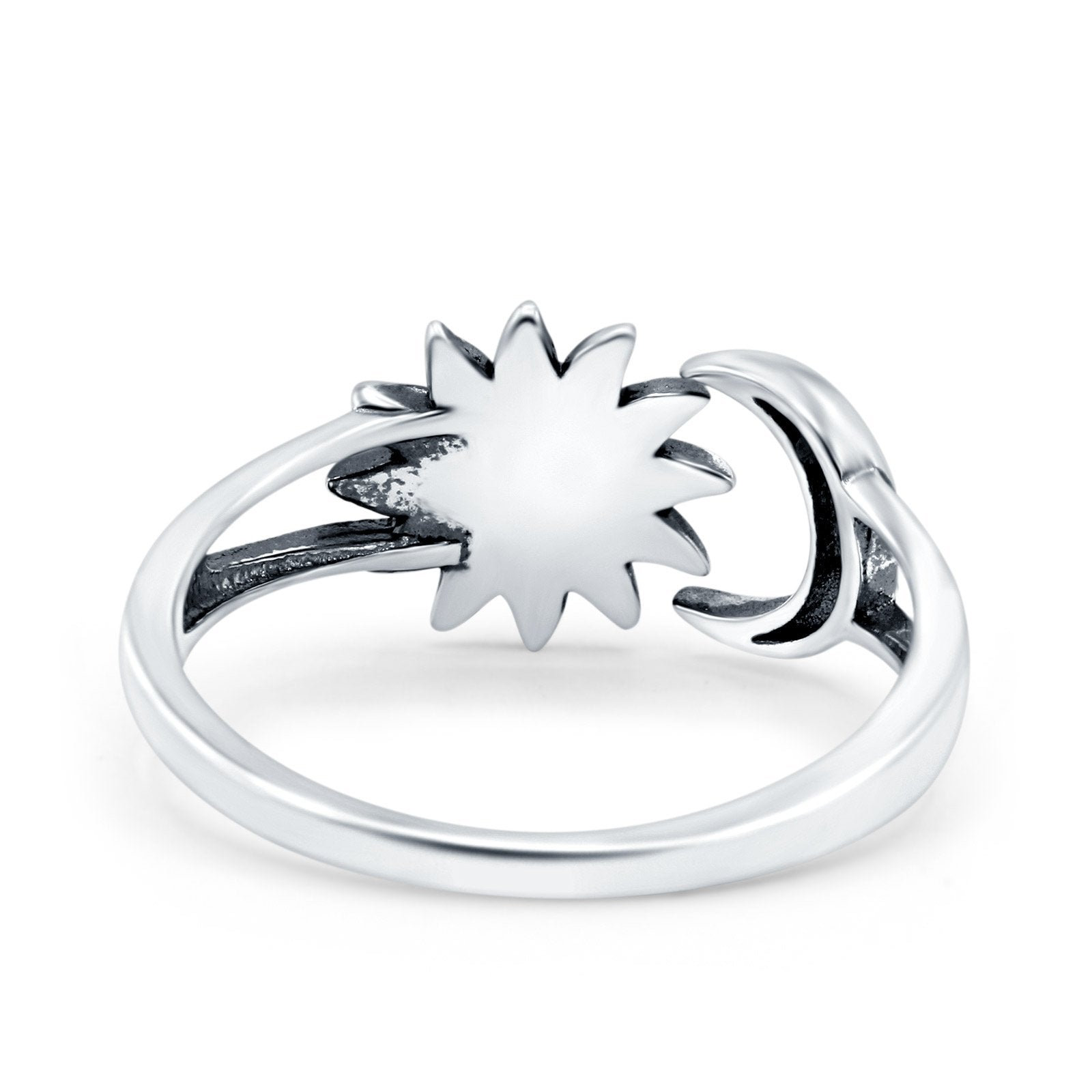 Sun & Moon Ring Lab Created Blue Opal Oxidized Round 925 Sterling Silver