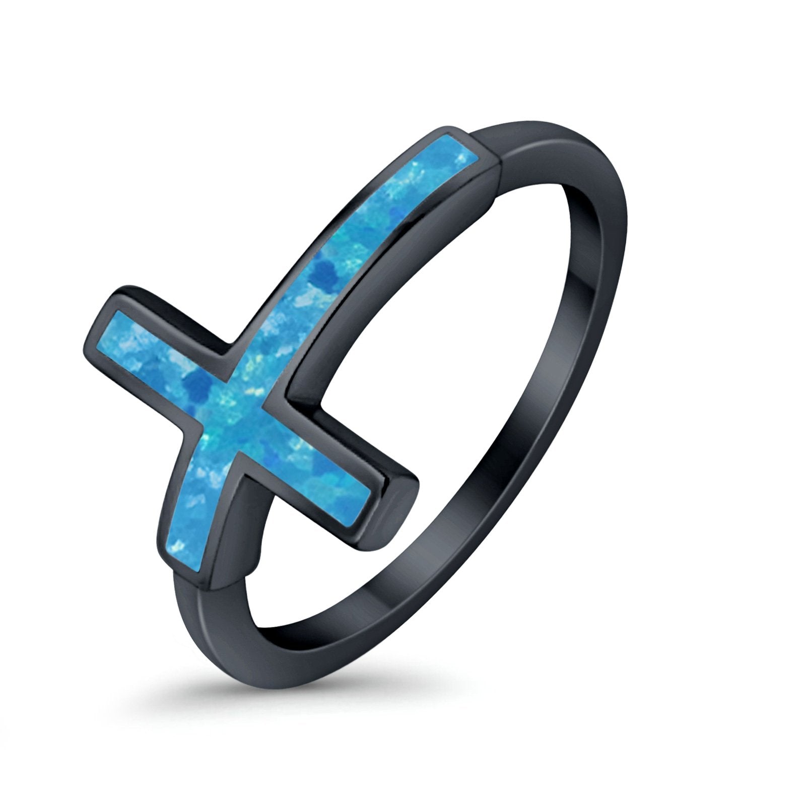 Sideways Cross Ring Rhodium Plated Band Lab Created Opal 925 Sterling Silver (12mm)