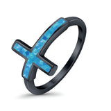 Sideways Cross Ring Rhodium Plated Band Lab Created Opal 925 Sterling Silver (12mm)