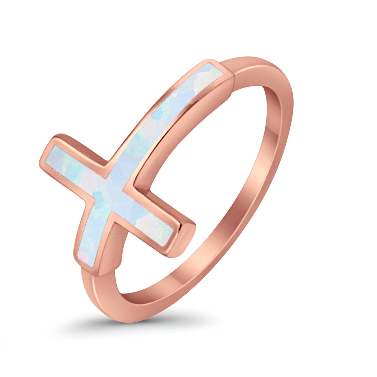Sideways Cross Ring Rhodium Plated Band Lab Created Opal 925 Sterling Silver (12mm)