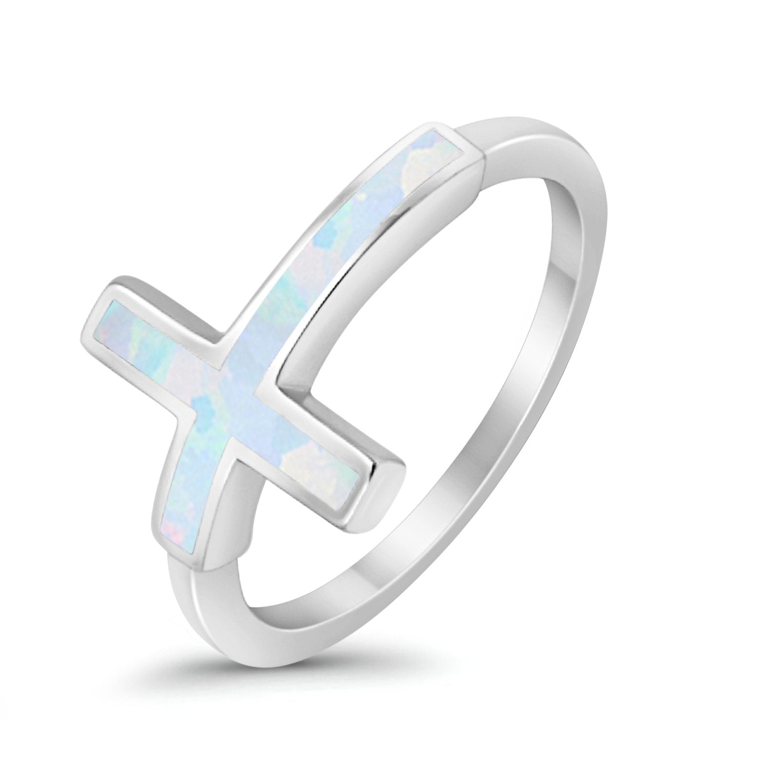 Sideways Cross Ring Rhodium Plated Band Lab Created Opal 925 Sterling Silver (12mm)