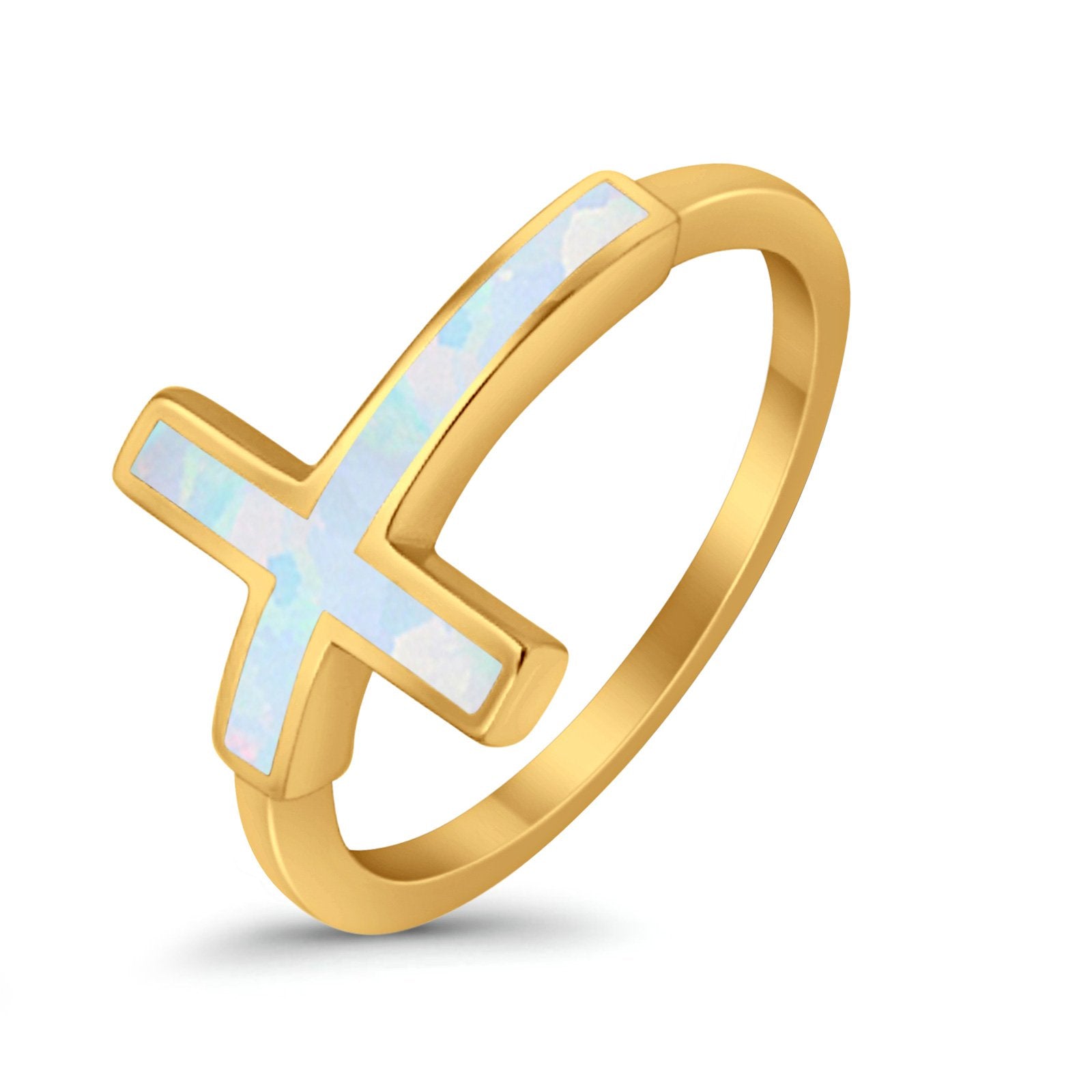 Sideways Cross Ring Rhodium Plated Band Lab Created Opal 925 Sterling Silver (12mm)
