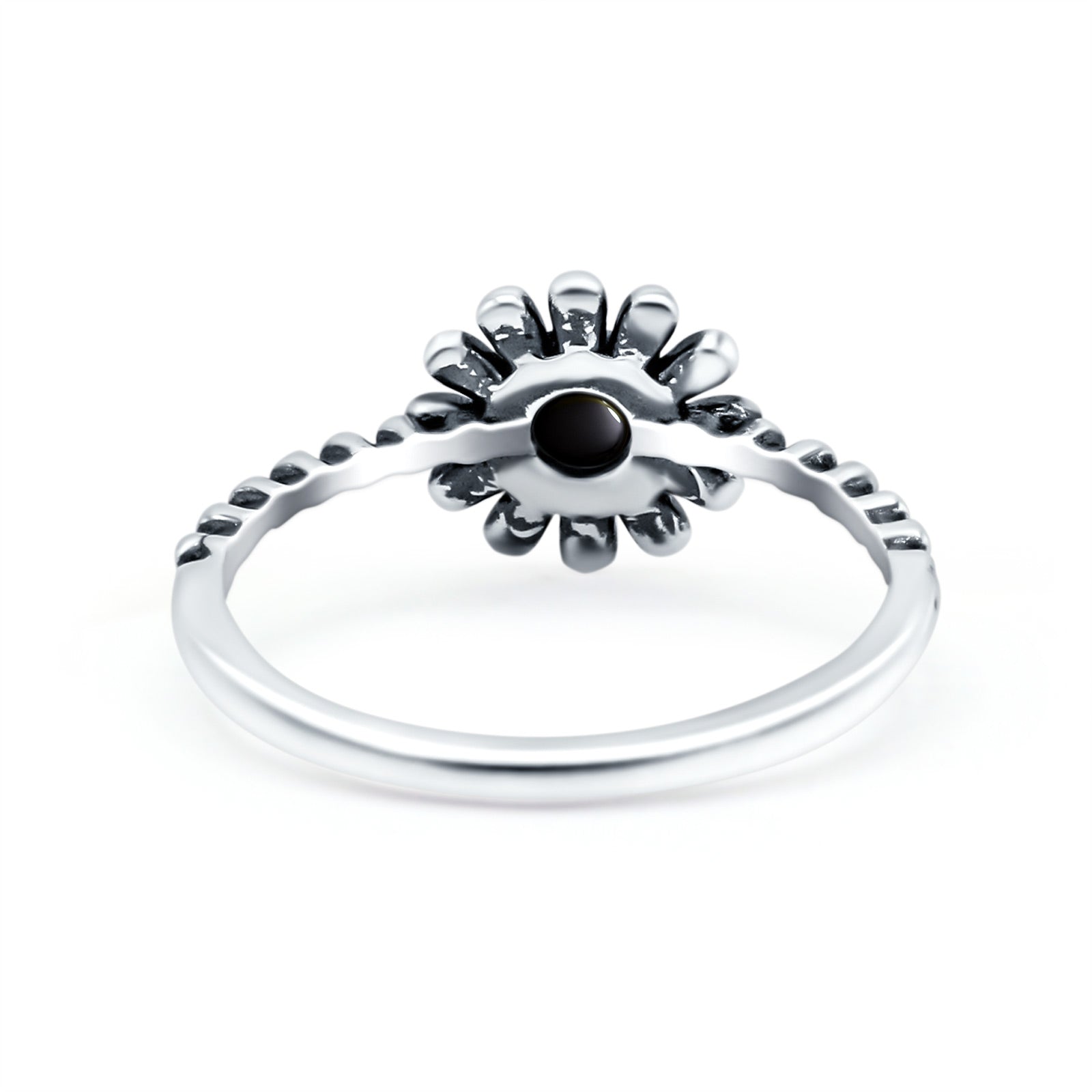 Flower Style Petite Dainty Round Lab Opal Ring Solid Oxidized 925 Sterling Silver (9mm)