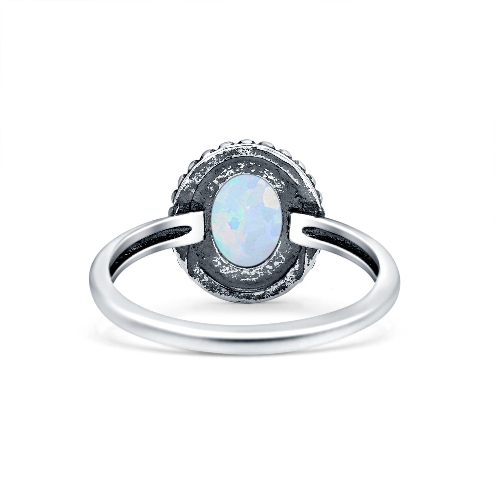 Petite Dainty Lab Opal Ring Solid Round Oxidized 925 Sterling Silver