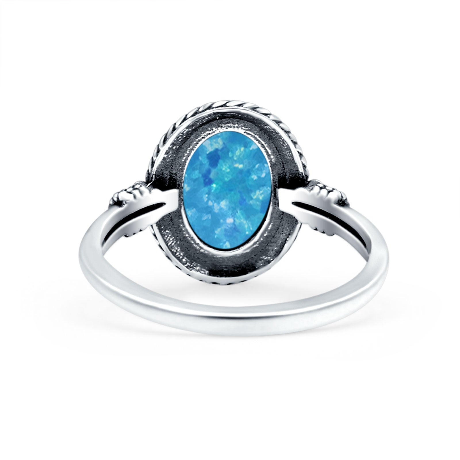 Petite Dainty Vintage Style Lab Opal Ring Solid Oval Oxidized 925 Sterling Silver