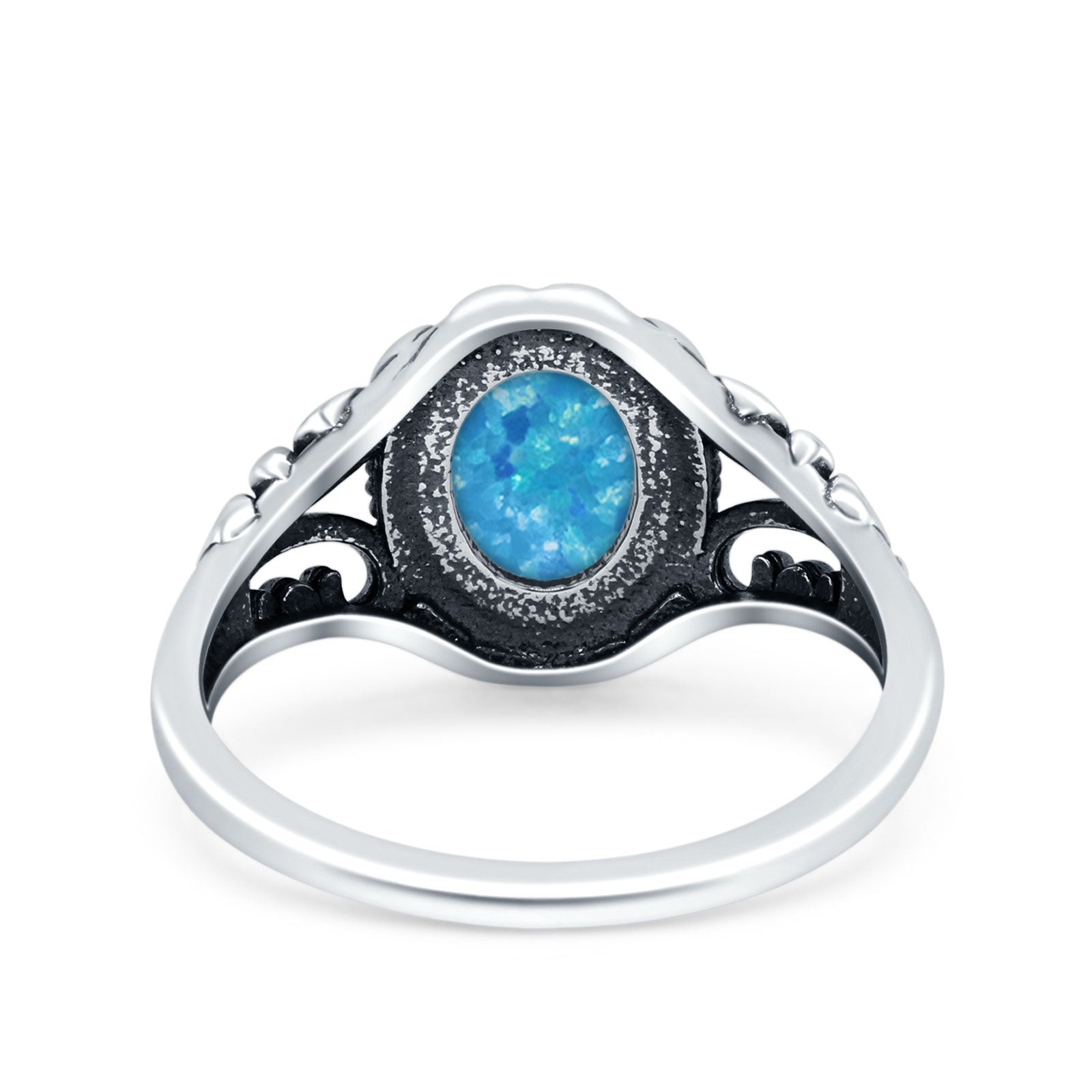 Filigree Vintage Style Oval Lab Opal Ring Solid Oxidized 925 Sterling Silver