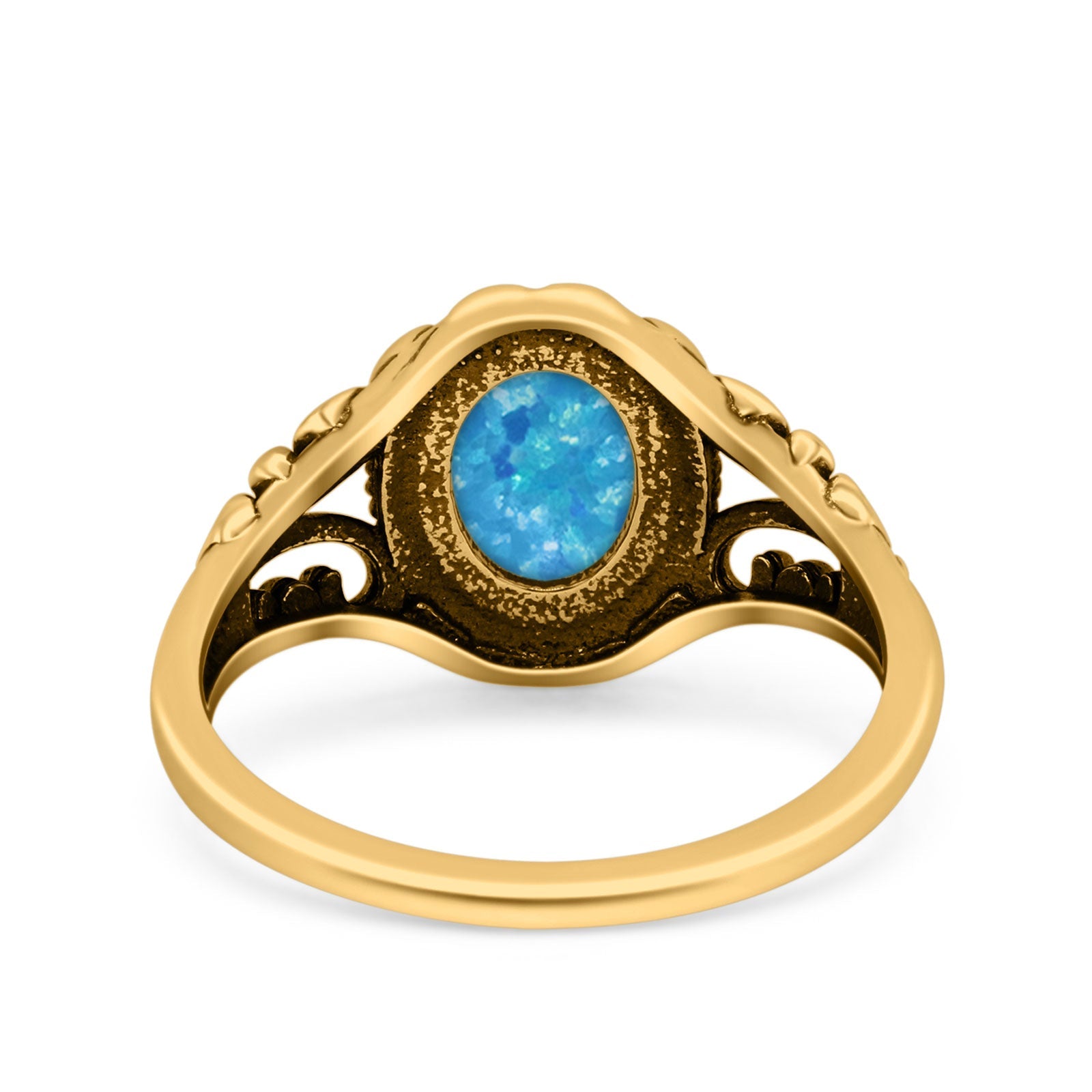 Filigree Vintage Style Oval Lab Opal Ring Solid Oxidized 925 Sterling Silver