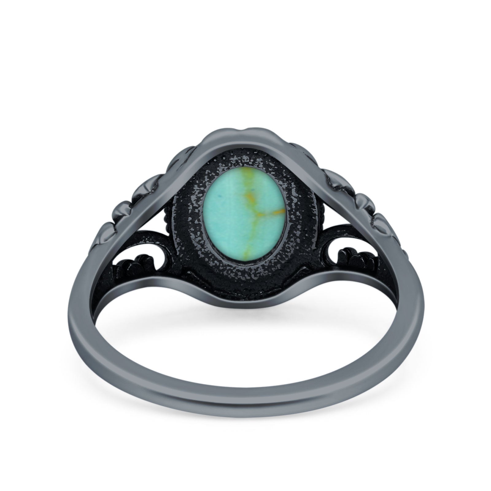 Filigree Vintage Style Oval Lab Opal Ring Solid Oxidized 925 Sterling Silver