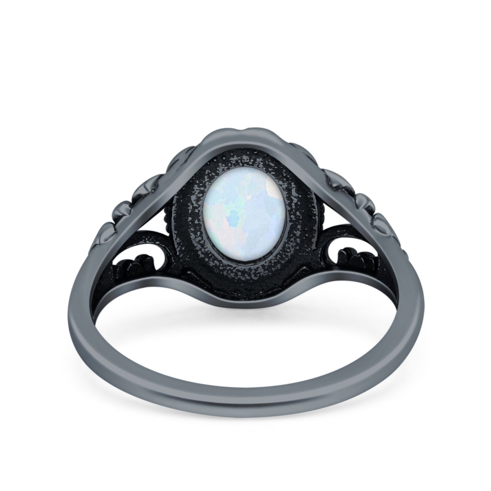 Filigree Vintage Style Oval Lab Opal Ring Solid Oxidized 925 Sterling Silver