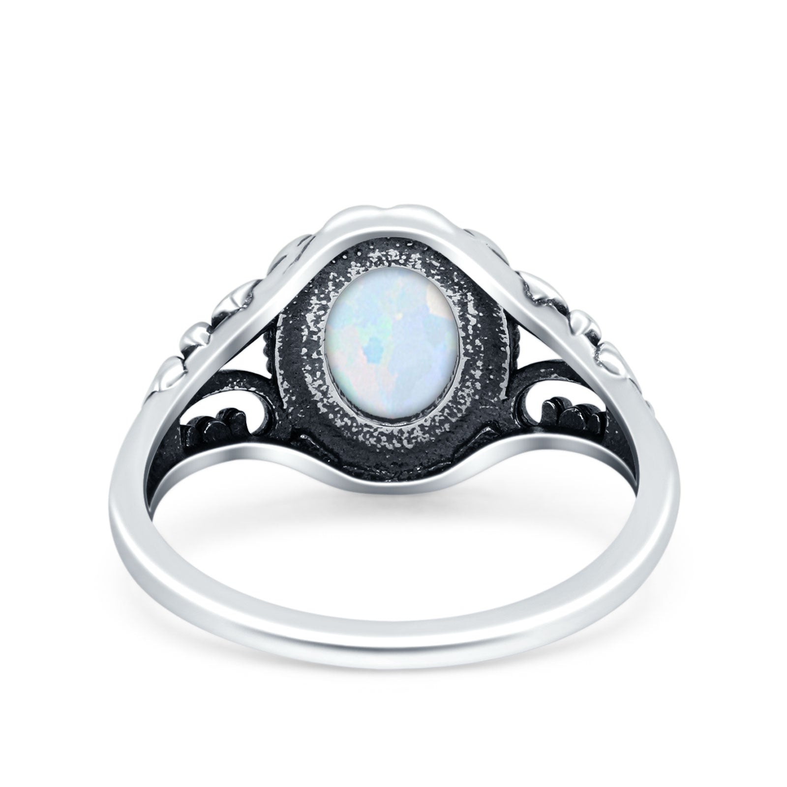 Filigree Vintage Style Oval Lab Opal Ring Solid Oxidized 925 Sterling Silver