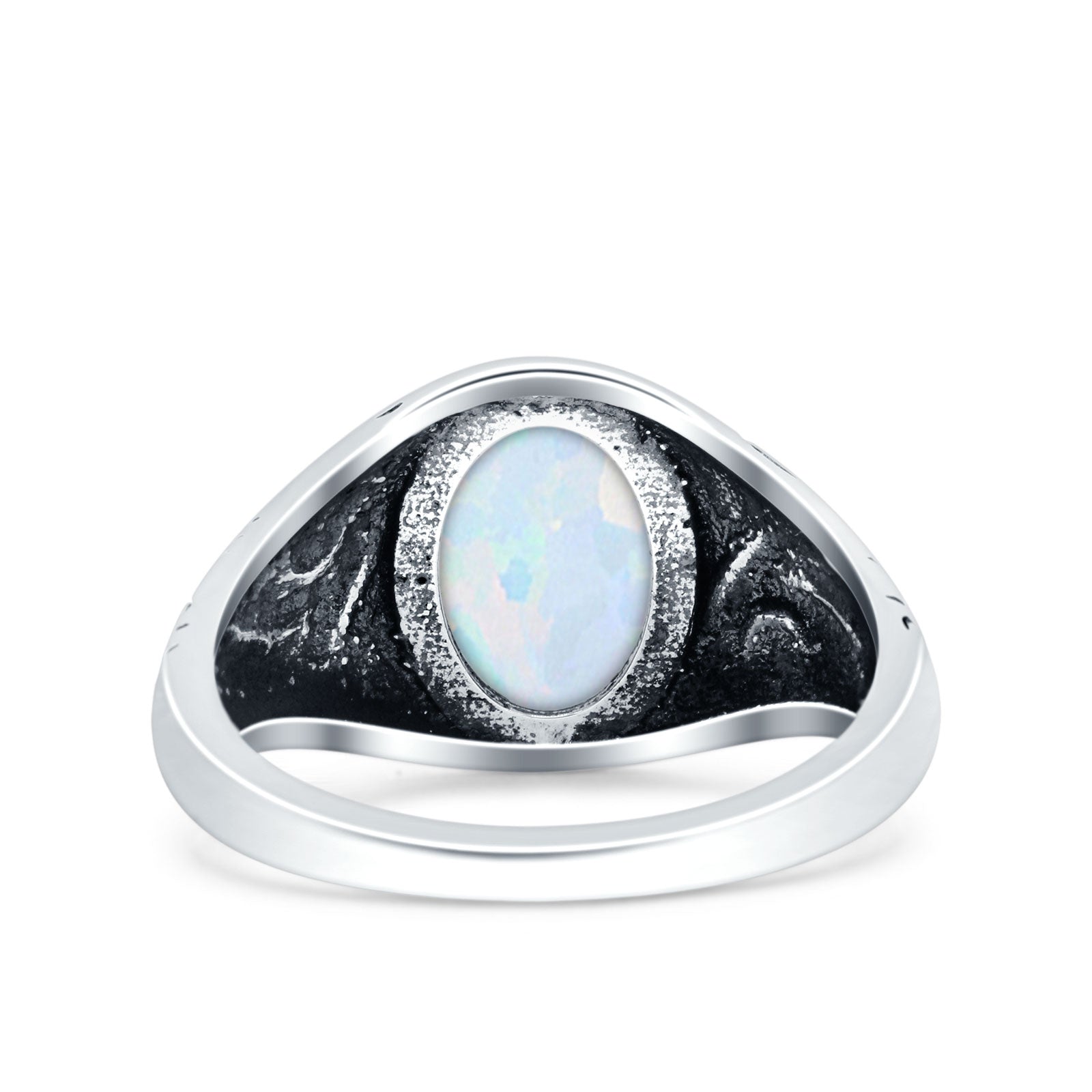 Petite Dainty Vintage Style Lab Opal Ring Solid Oval Oxidized 925 Sterling Silver