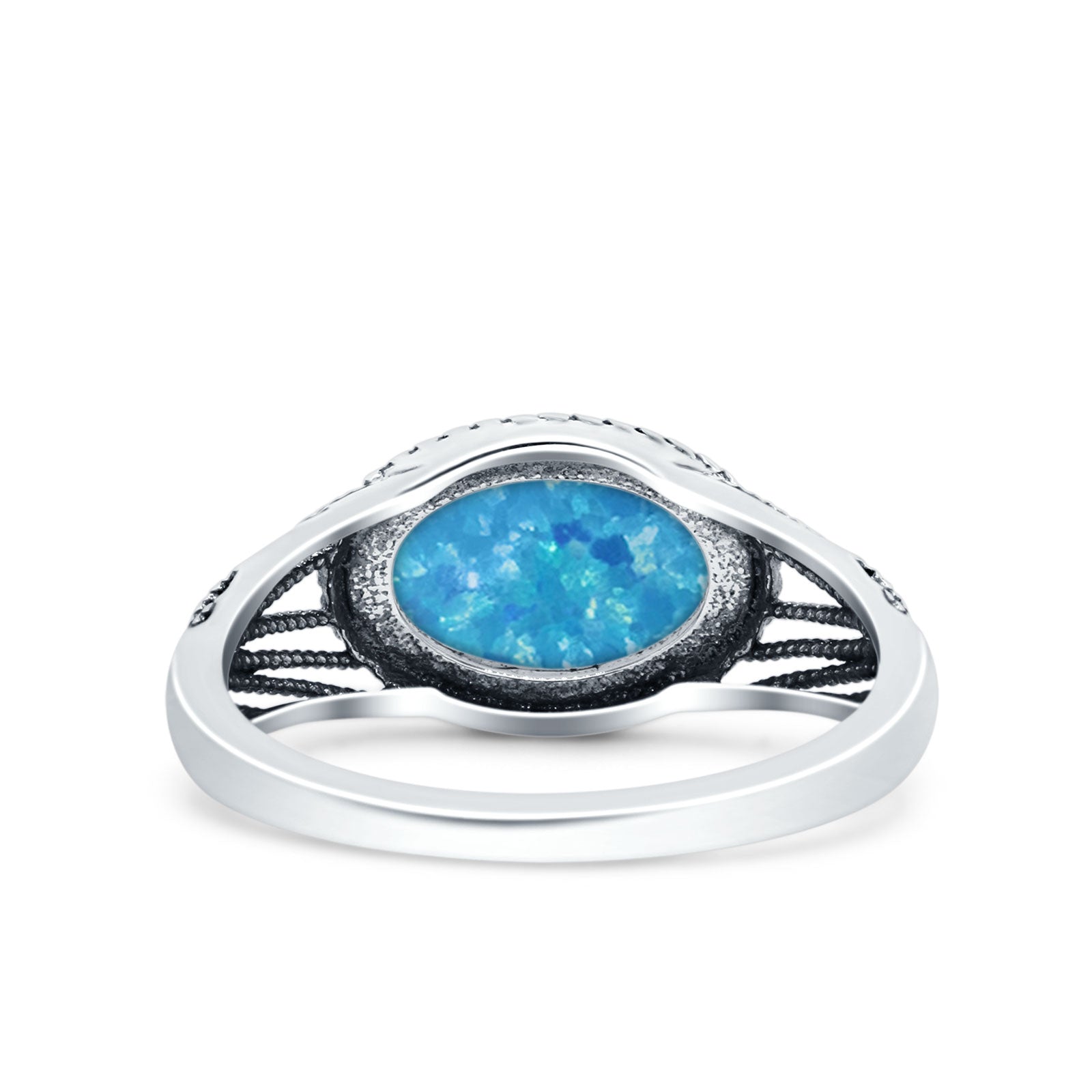 Vintage Style Petite Dainty Lab Opal Ring Solid Oval Oxidized 925 Sterling Silver