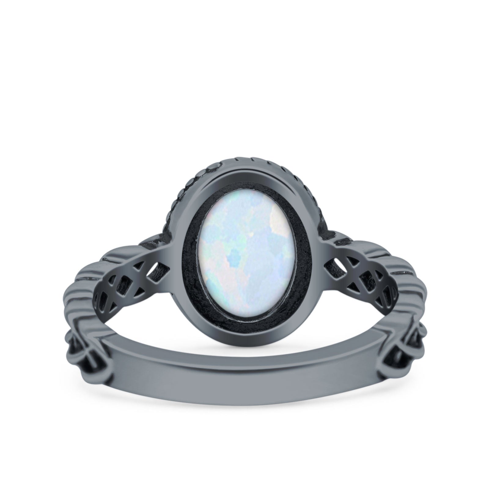 Petite Dainty Cross Vintage Style Lab Opal Ring Solid Oval Oxidized 925 Sterling Silver