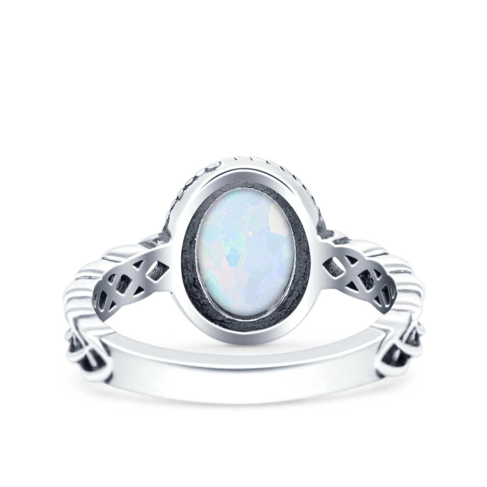 Petite Dainty Cross Vintage Style Lab Opal Ring Solid Oval Oxidized 925 Sterling Silver