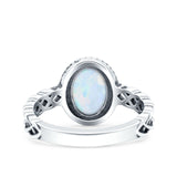 Petite Dainty Cross Vintage Style Lab Opal Ring Solid Oval Oxidized 925 Sterling Silver