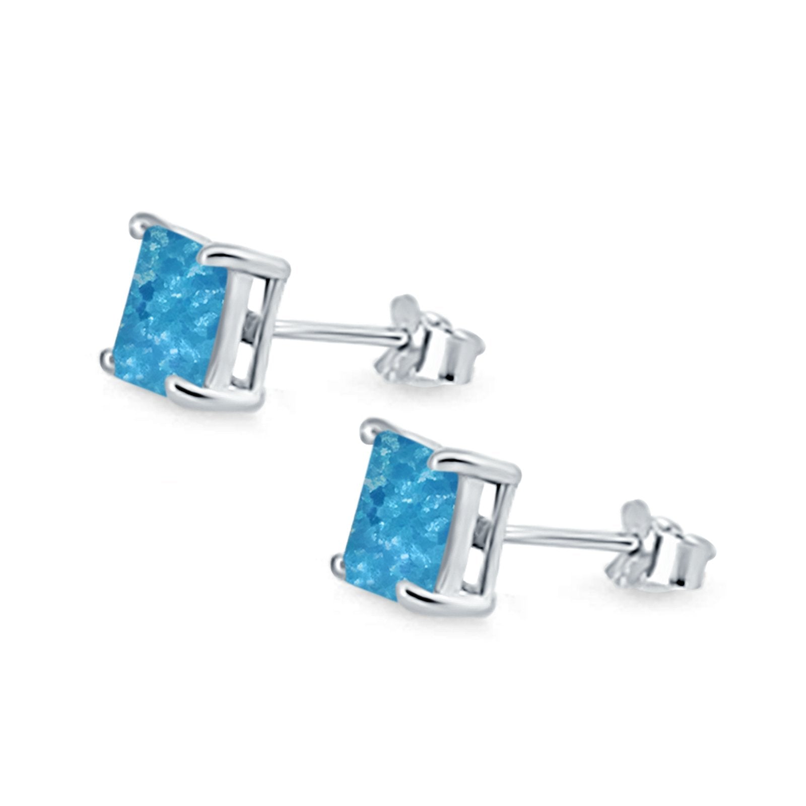 Halo Stud Earrings Princess Cut Lab Created Opal 925 Sterling Silver 7mm