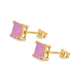 Halo Stud Earrings Princess Cut Lab Created Opal 925 Sterling Silver 7mm