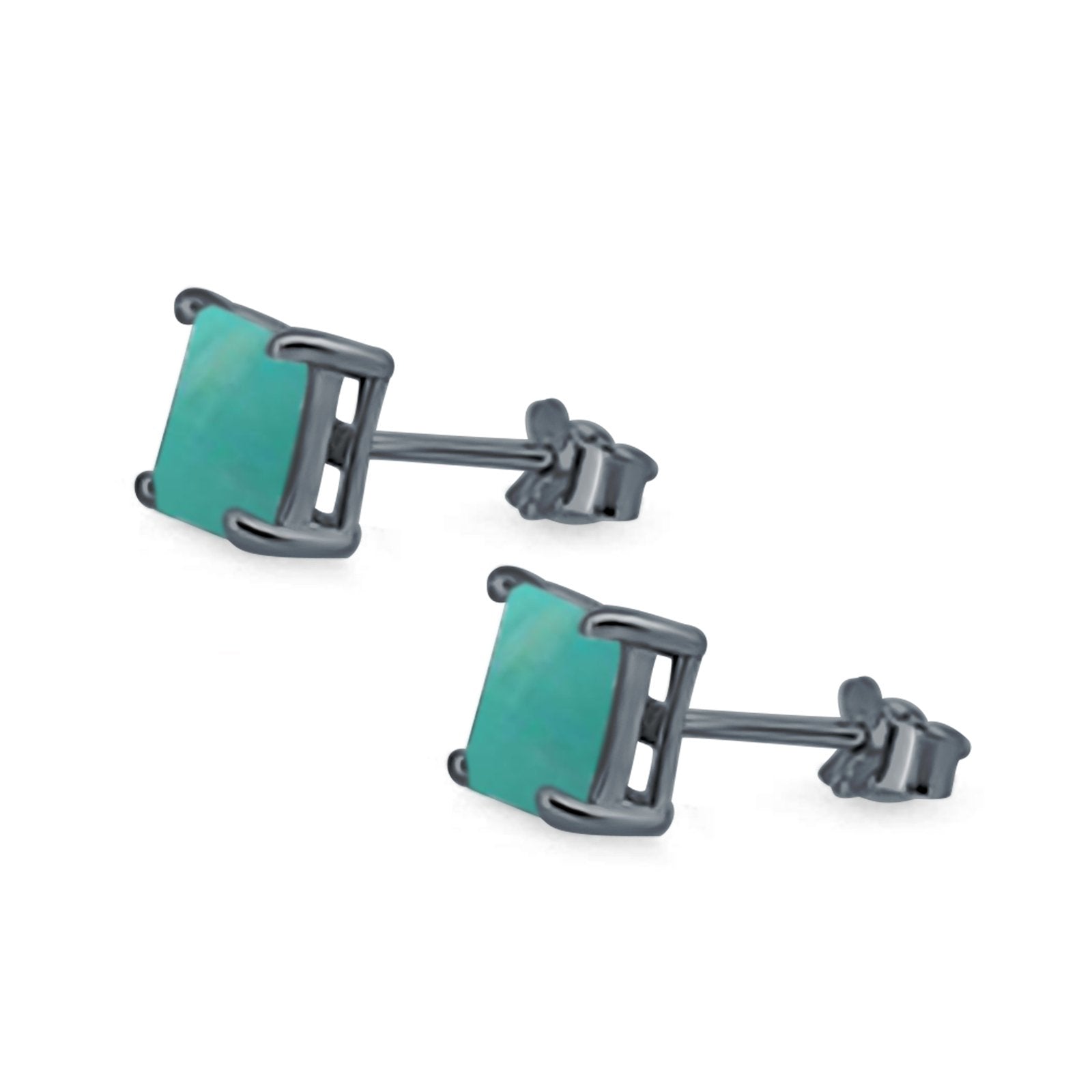 Halo Stud Earrings Princess Cut Lab Created Opal 925 Sterling Silver 7mm