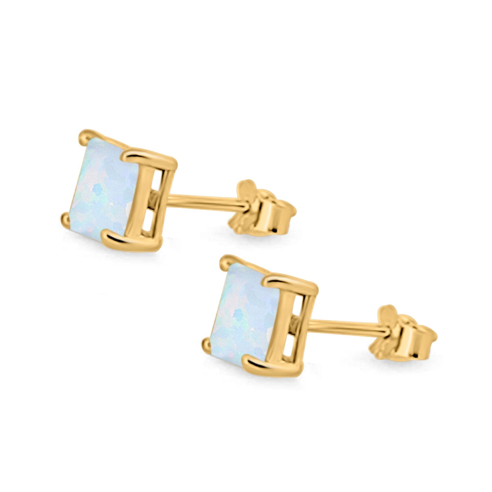Halo Stud Earrings Princess Cut Lab Created Opal 925 Sterling Silver 7mm