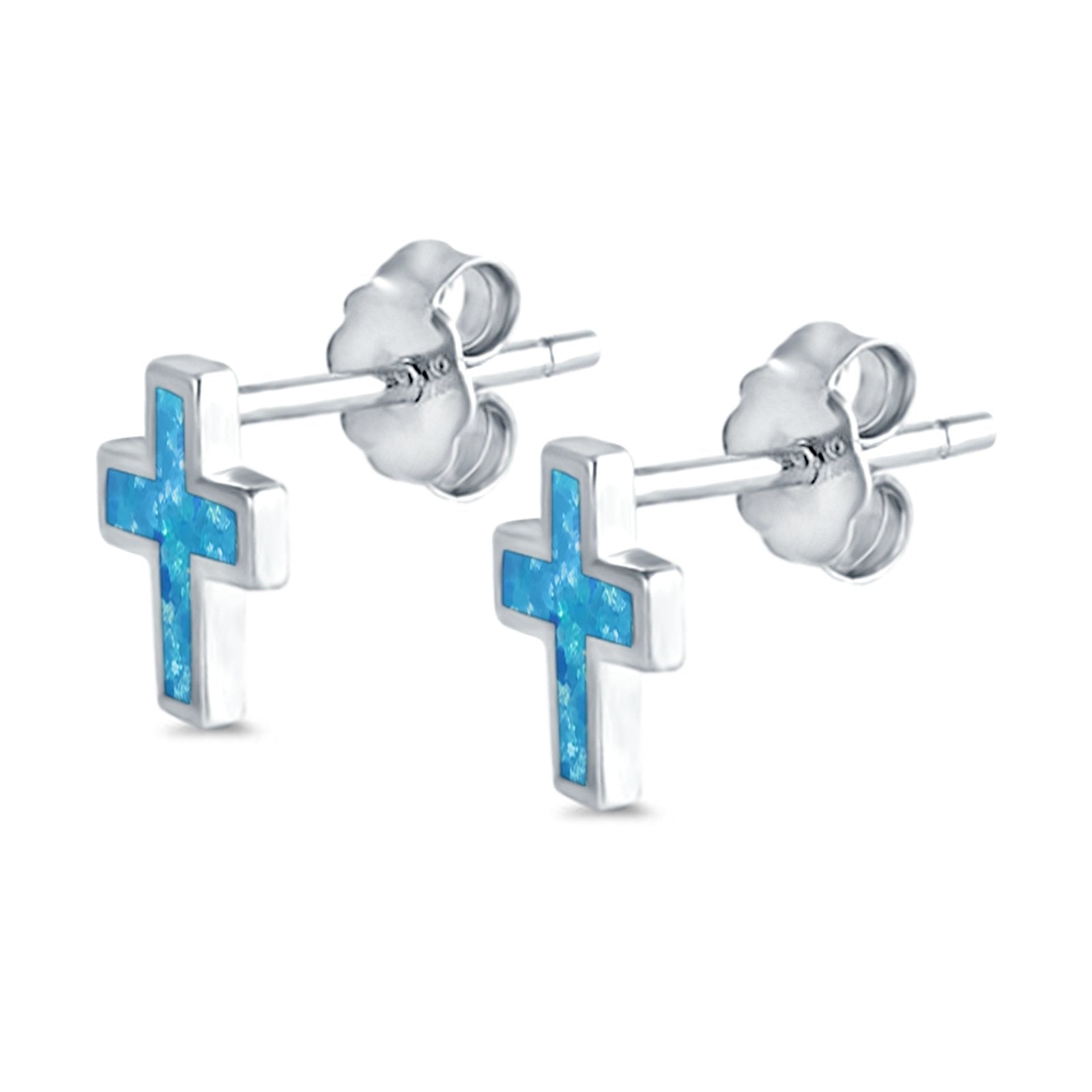 Cross Stud Earrings Lab Created Opal 925 Sterling Silver