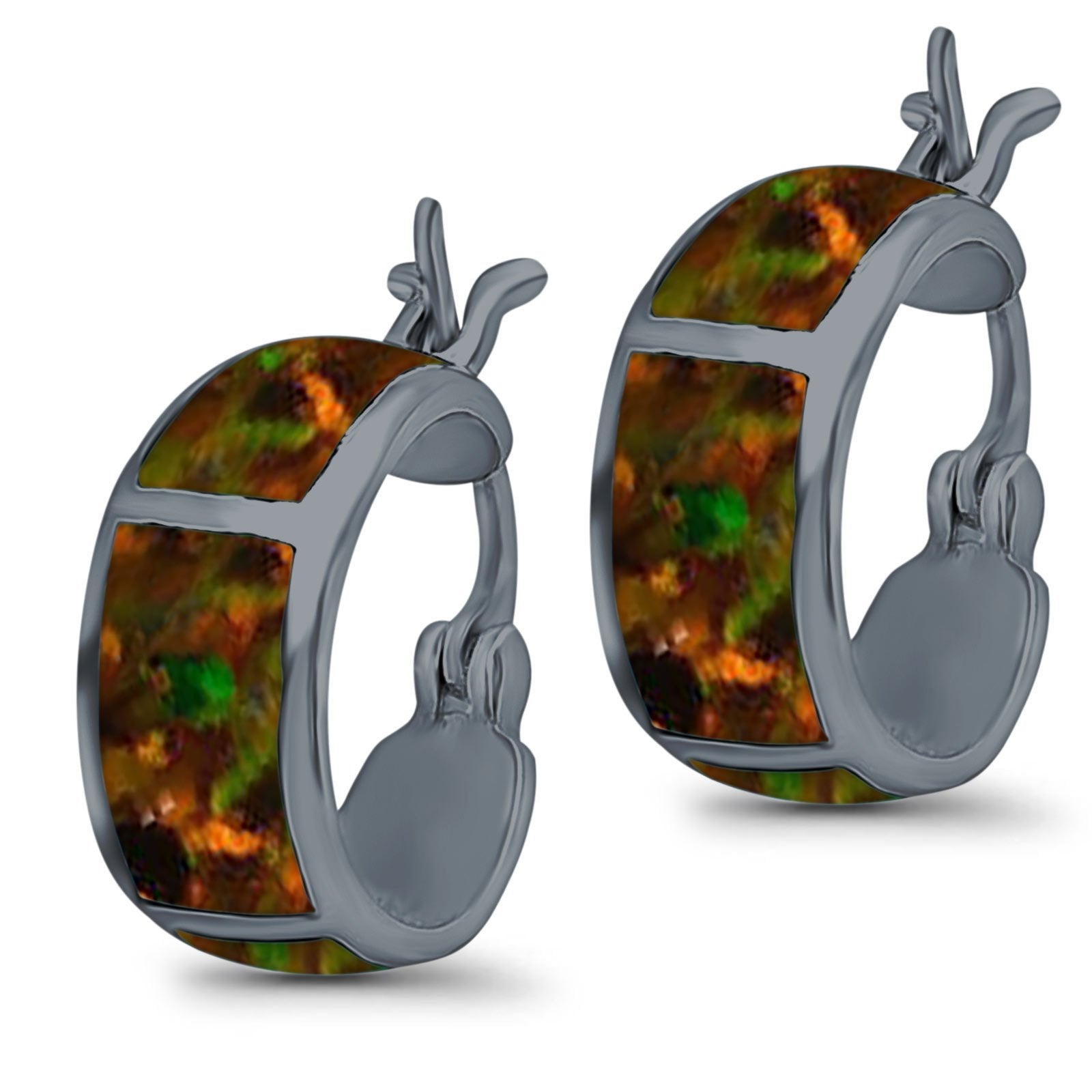 Hoop Huggies Earrings Irregular Shape Created Opal 925 Sterling Silver
