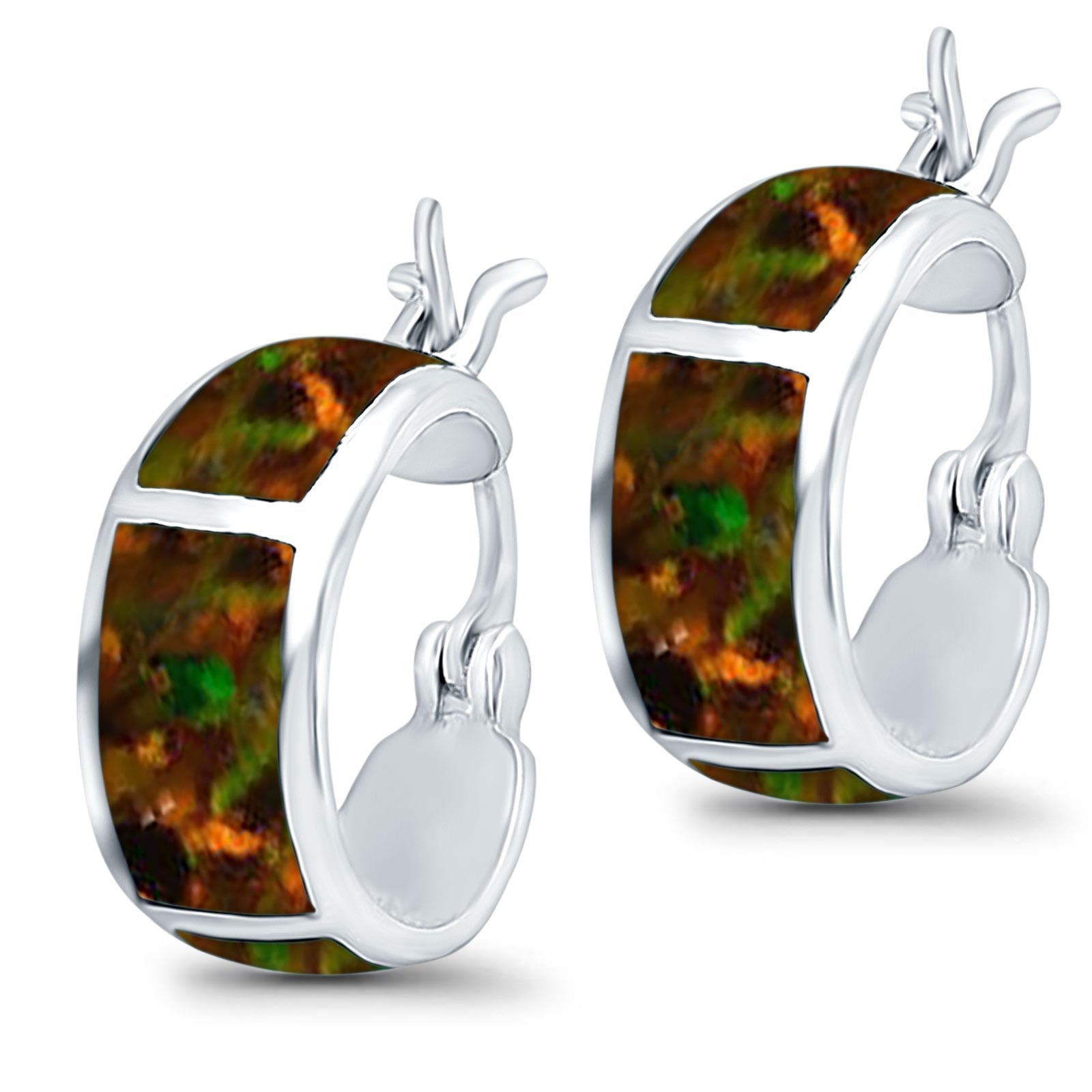 Hoop Huggies Earrings Irregular Shape Created Opal 925 Sterling Silver