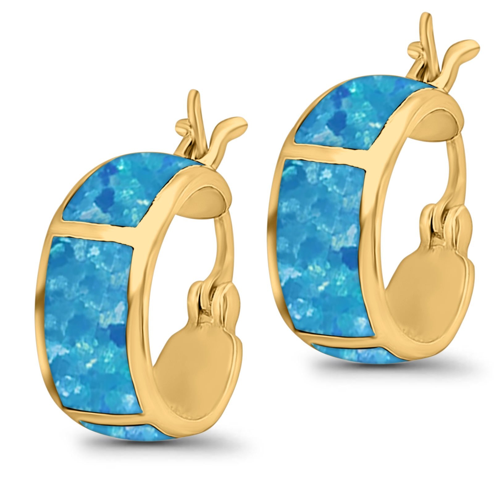 Hoop Huggies Earrings Irregular Shape Created Opal 925 Sterling Silver