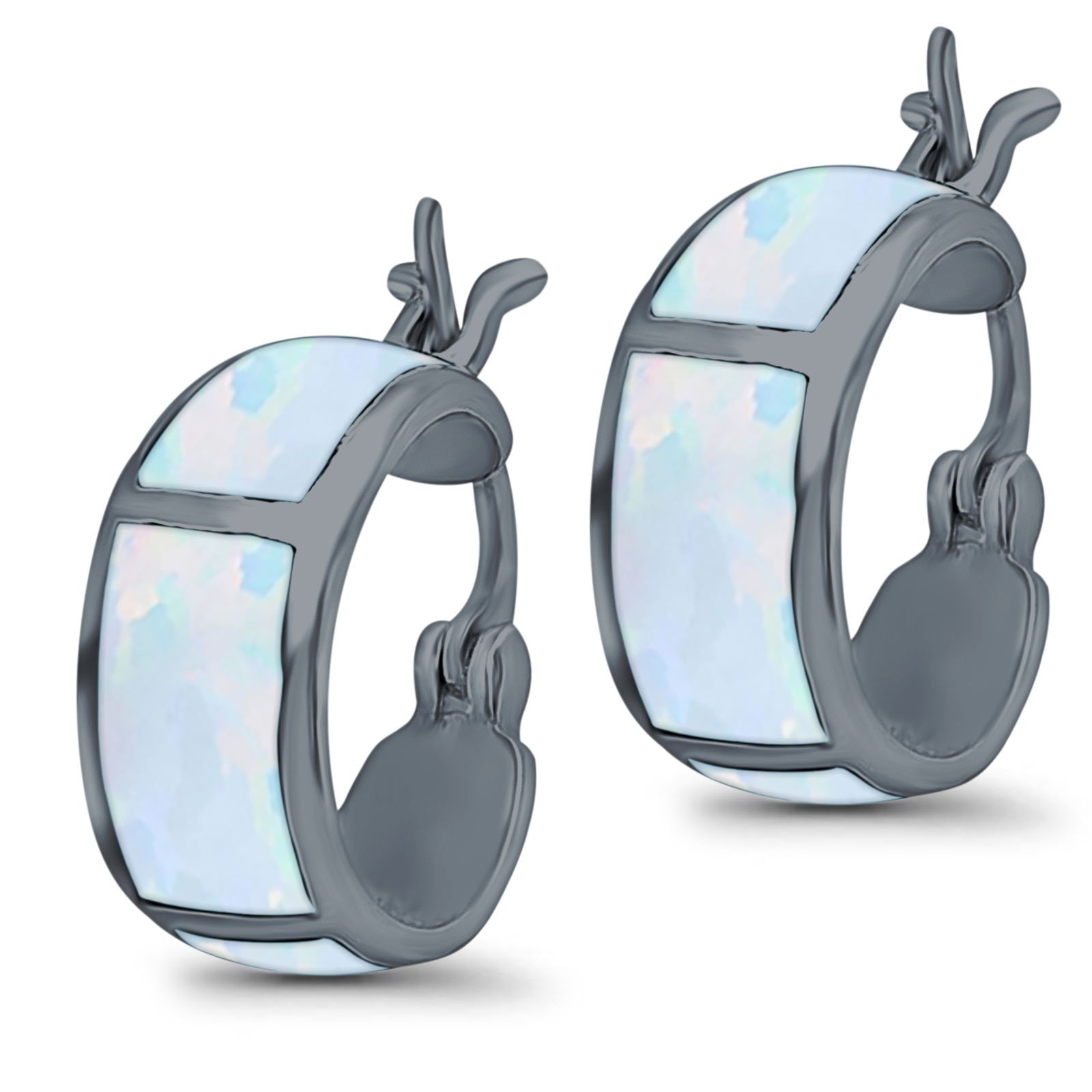 Hoop Huggies Earrings Irregular Shape Created Opal 925 Sterling Silver