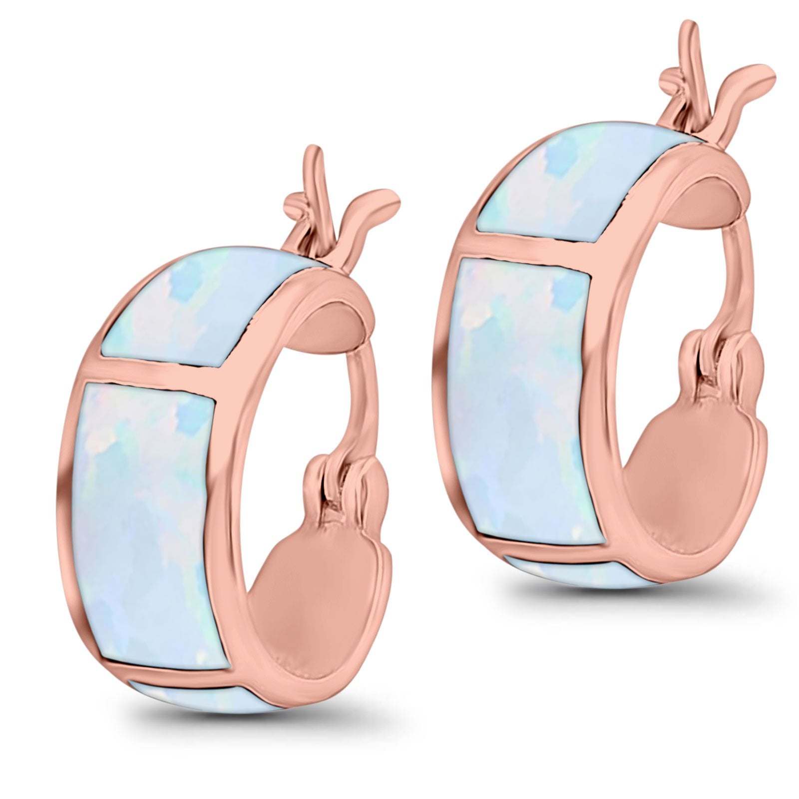 Hoop Huggies Earrings Irregular Shape Created Opal 925 Sterling Silver