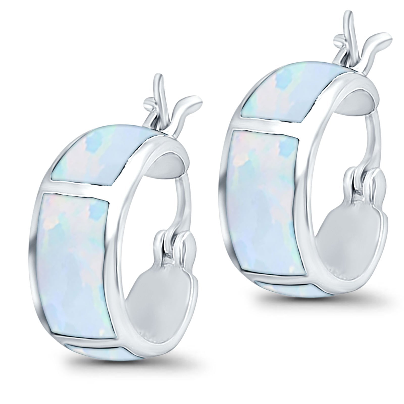 Hoop Huggies Earrings Irregular Shape Created Opal 925 Sterling Silver