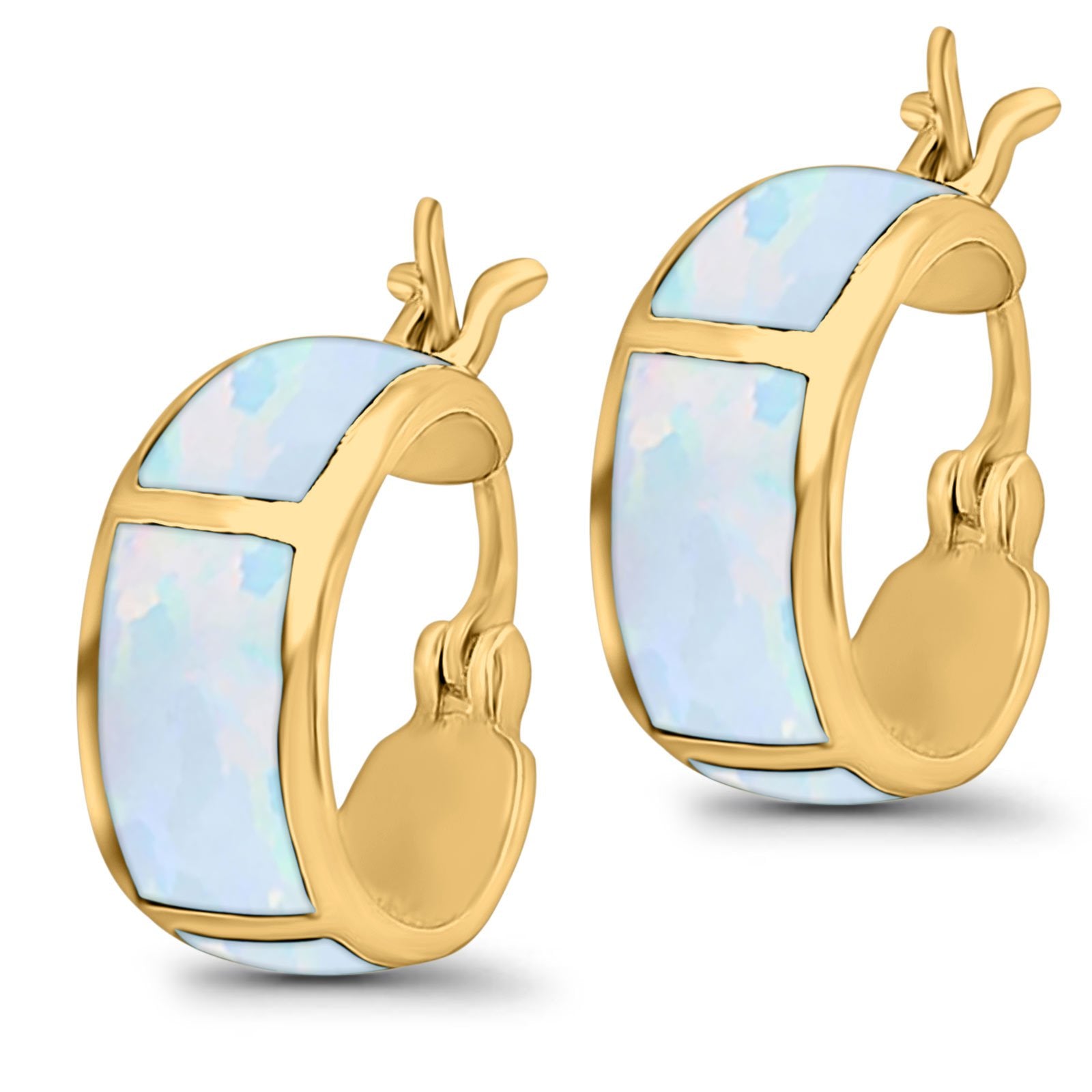 Hoop Huggies Earrings Irregular Shape Created Opal 925 Sterling Silver