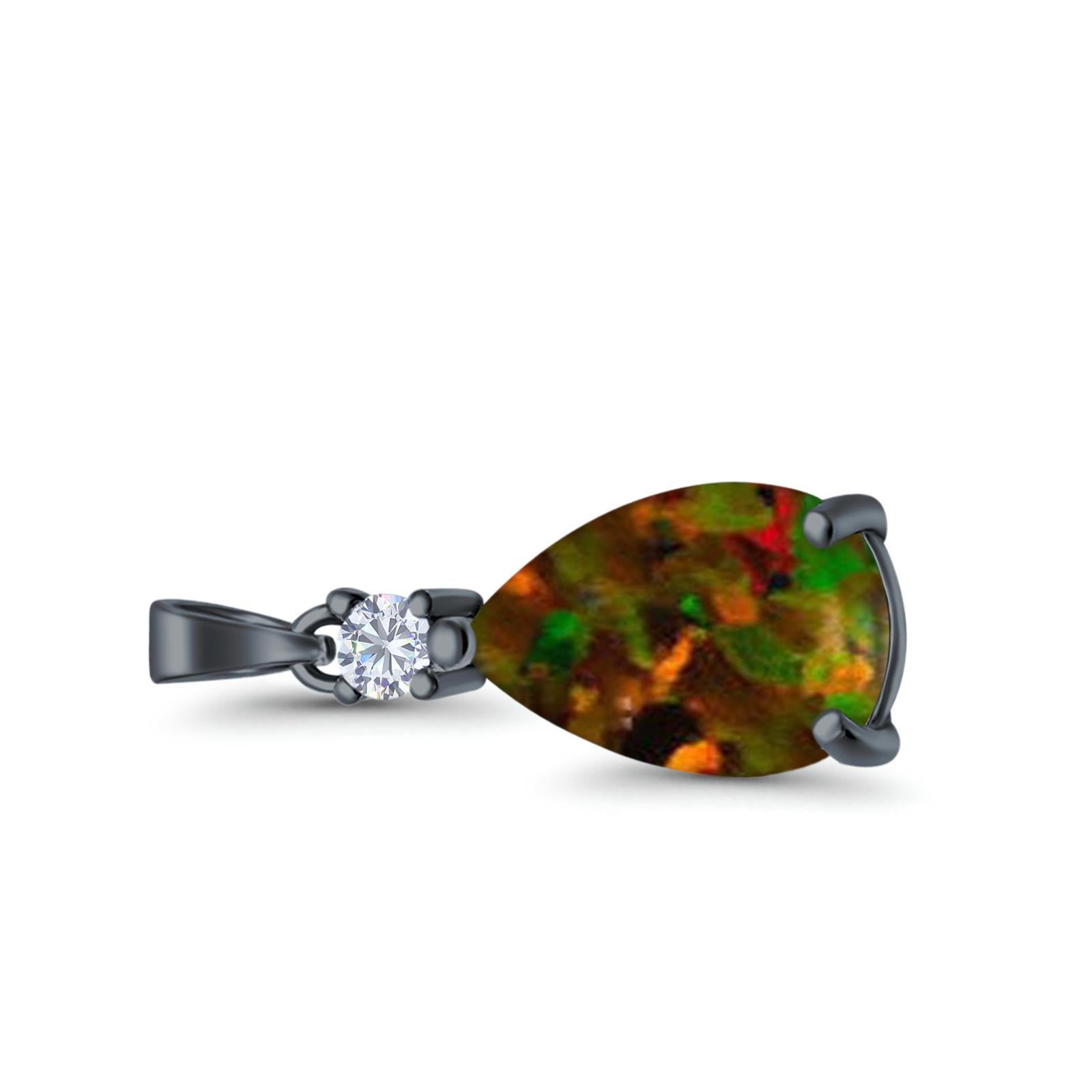 Pear Shape Lab Created Opal Simulated CZ 925 Sterling Silver Charm Pendant (21.5mm)