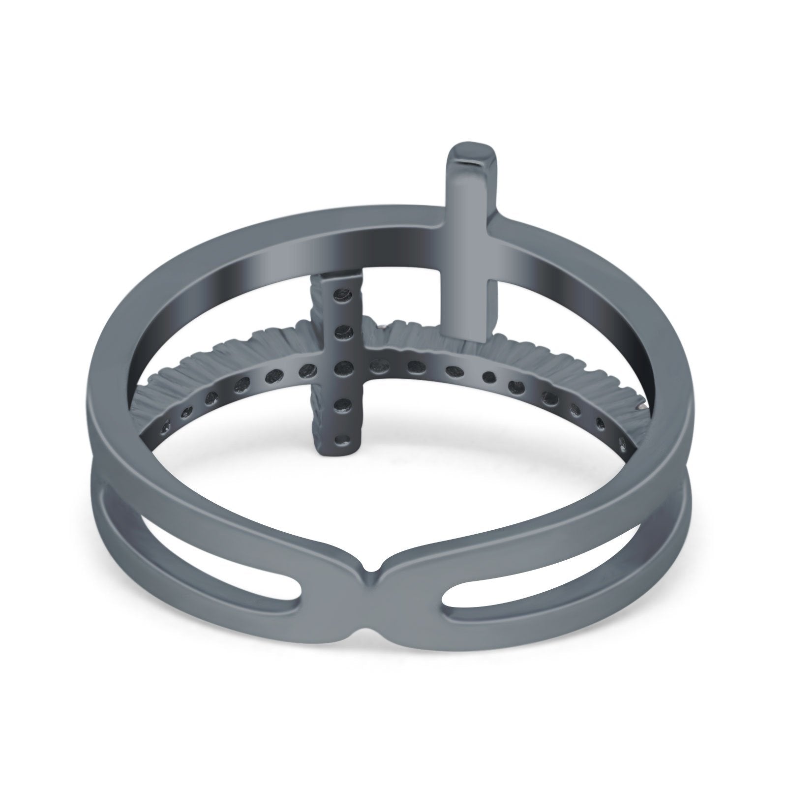 Sideways Cross Ring Round Simulated Cubic Zirconia 925 Sterling Silver