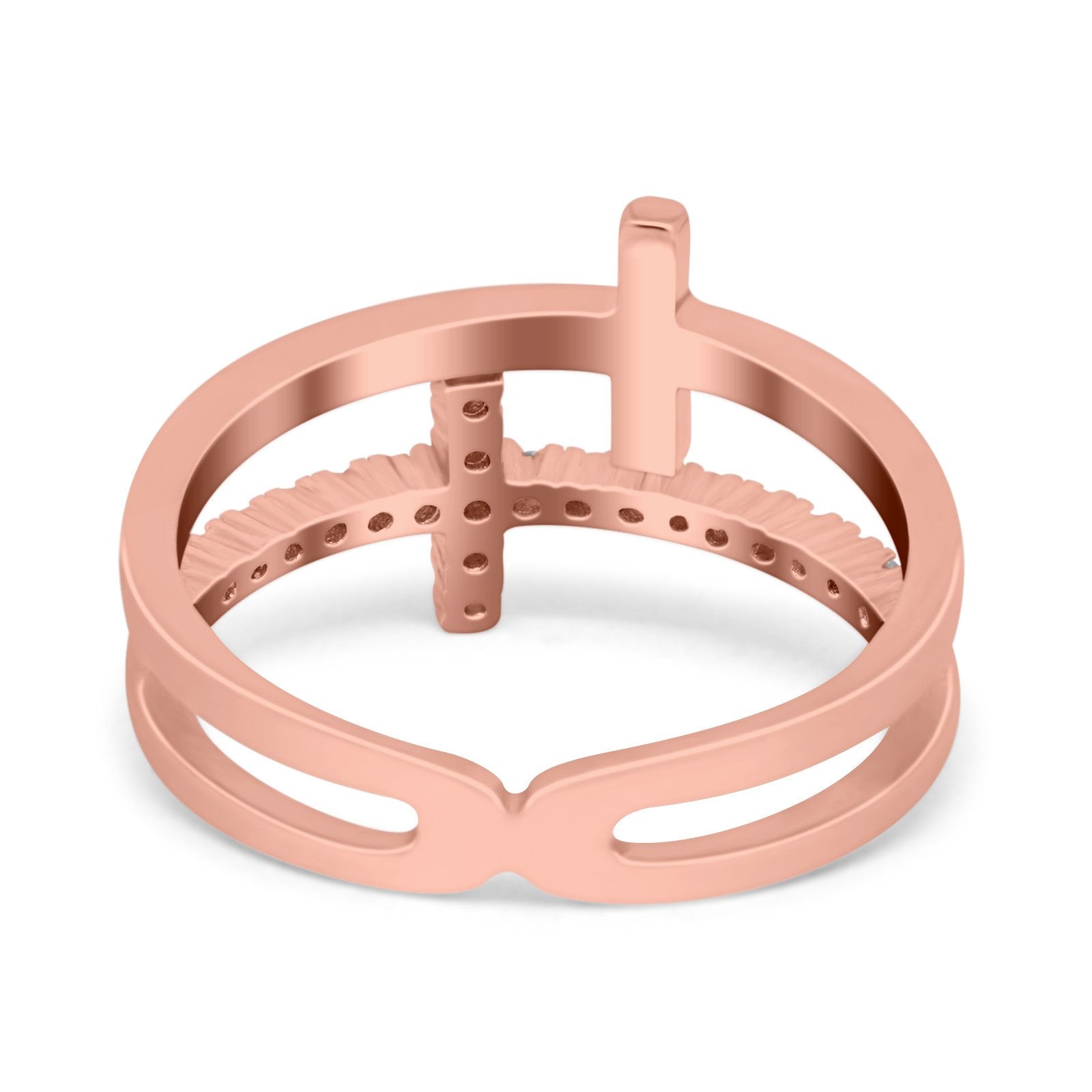 Sideways Cross Ring Round Simulated Cubic Zirconia 925 Sterling Silver