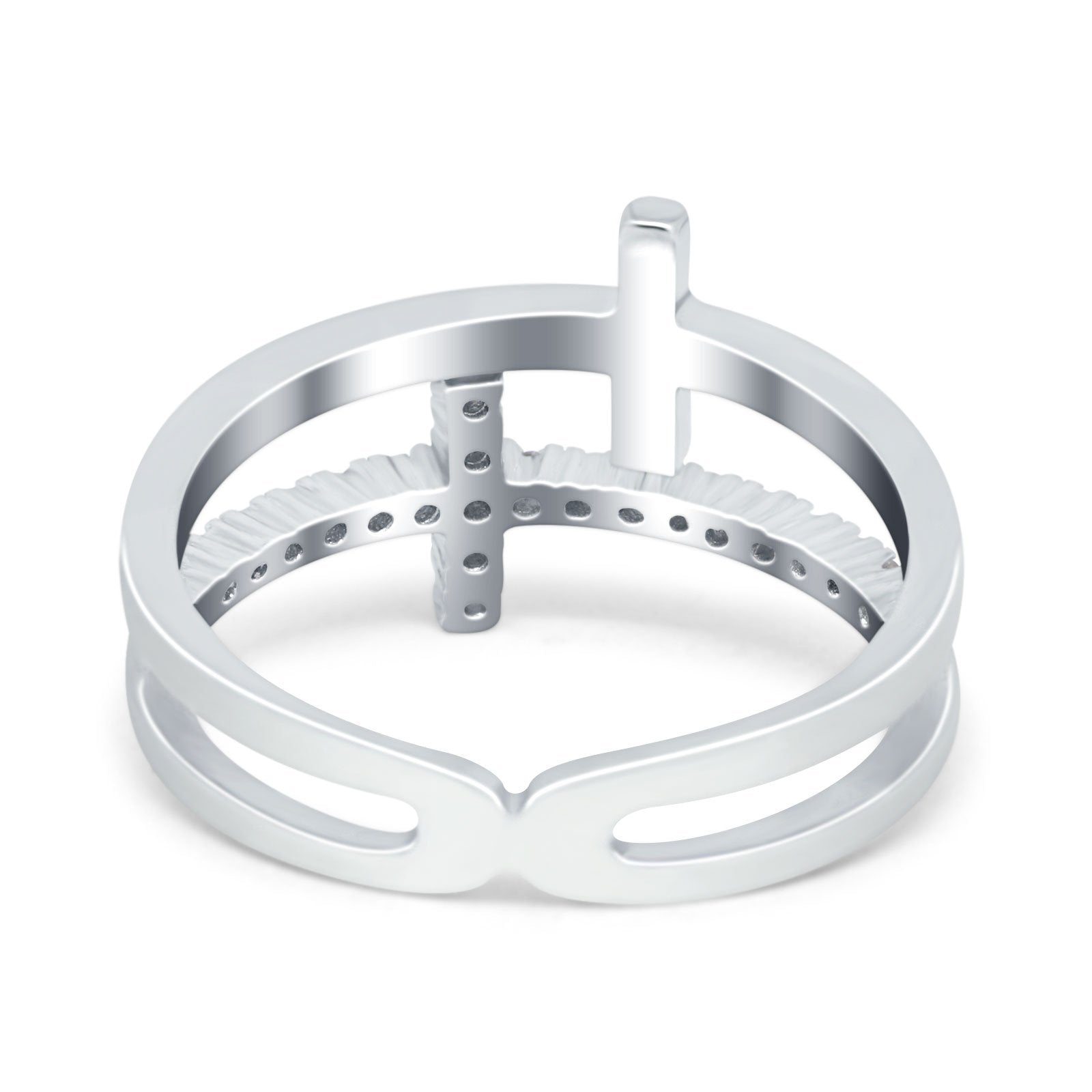 Sideways Cross Ring Round Simulated Cubic Zirconia 925 Sterling Silver