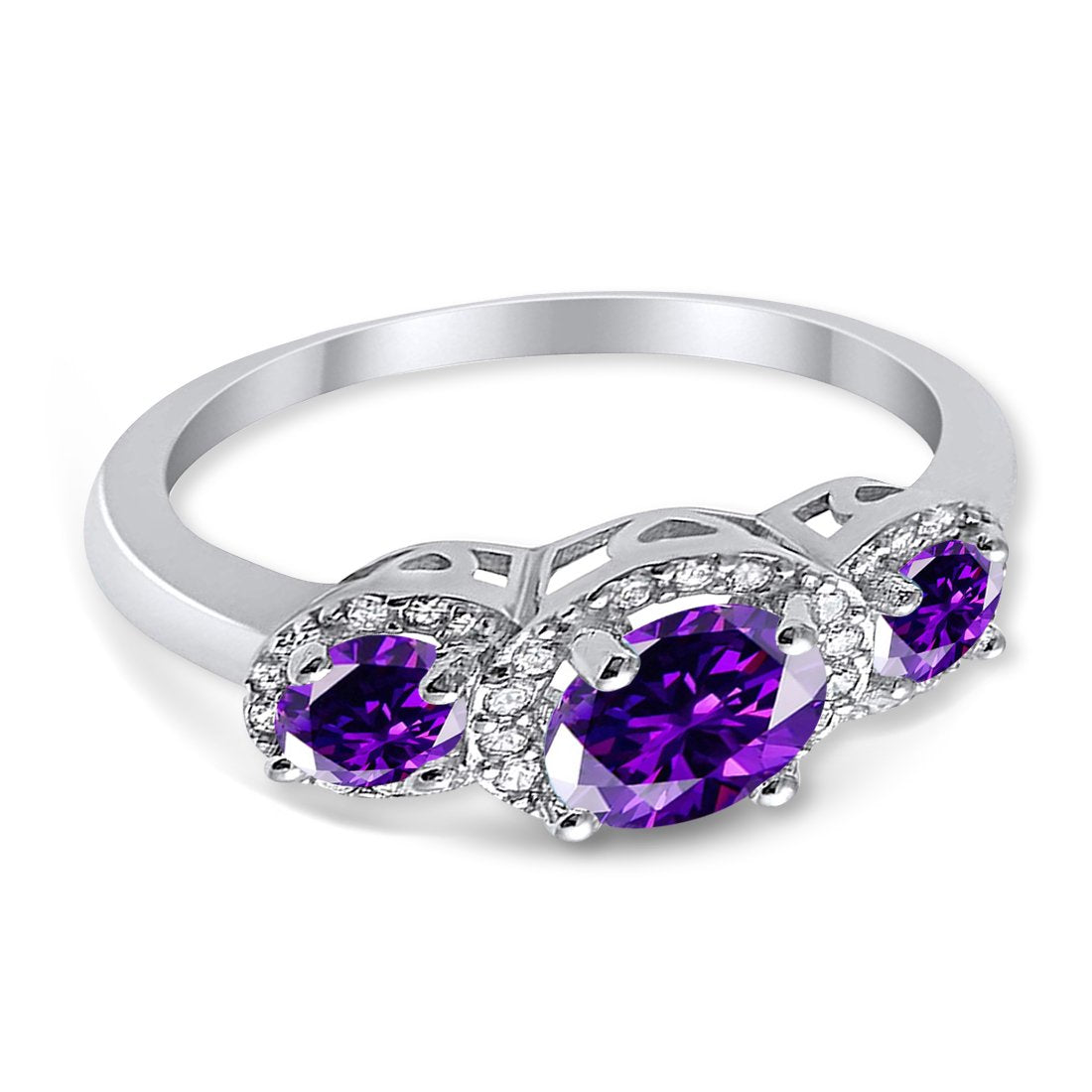 3 Stone Halo Wedding Ring Simulated Cubic Zirconia 925 Sterling Silver