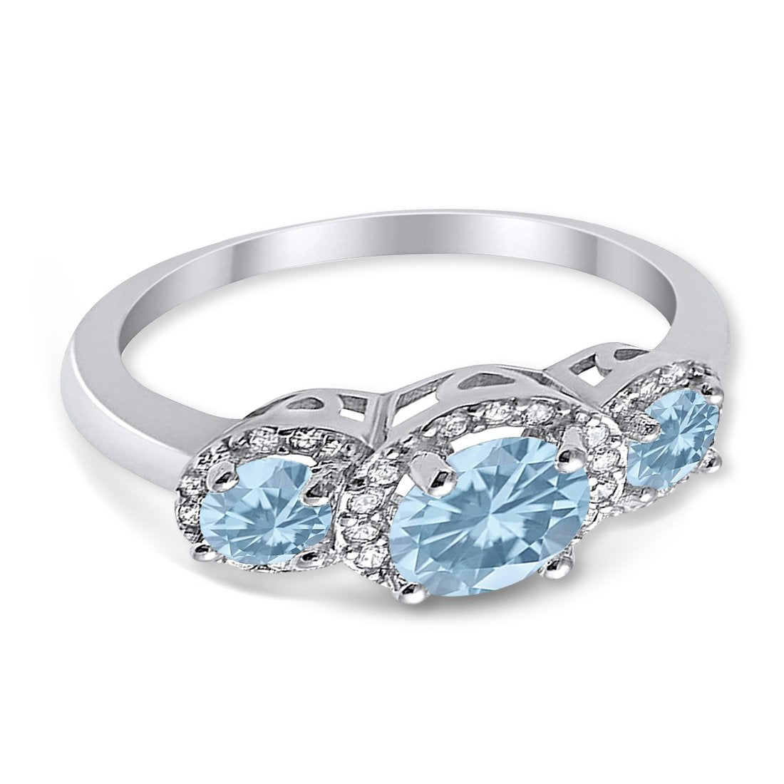 3 Stone Halo Wedding Ring Simulated Cubic Zirconia 925 Sterling Silver